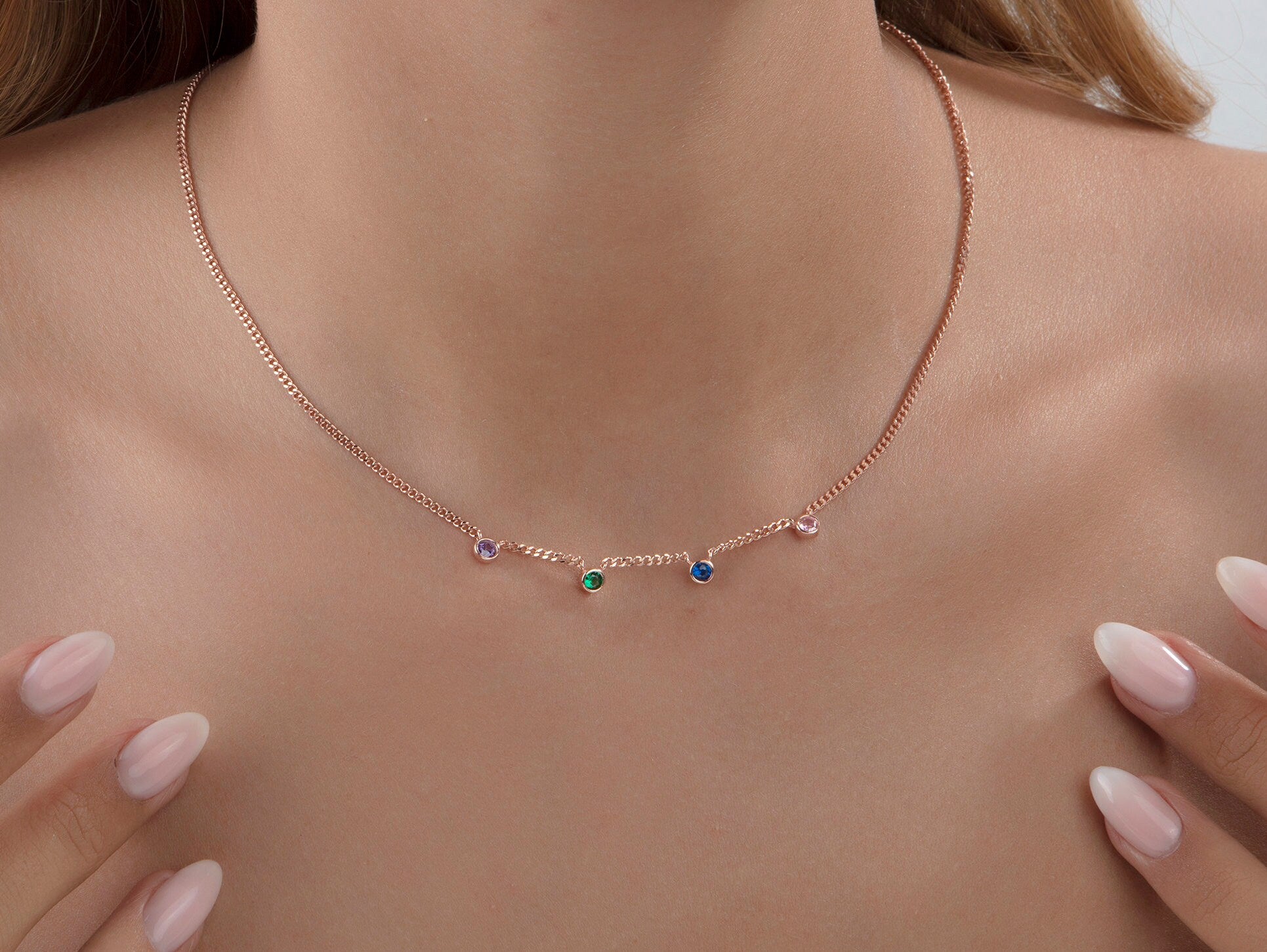 Spaced Birthstone Cuban Chain Necklaces, Custom Gift, Birthday Gifts, 14K Gold Birthstone Necklace, Gift For Mothers, Gift For Mothers Day