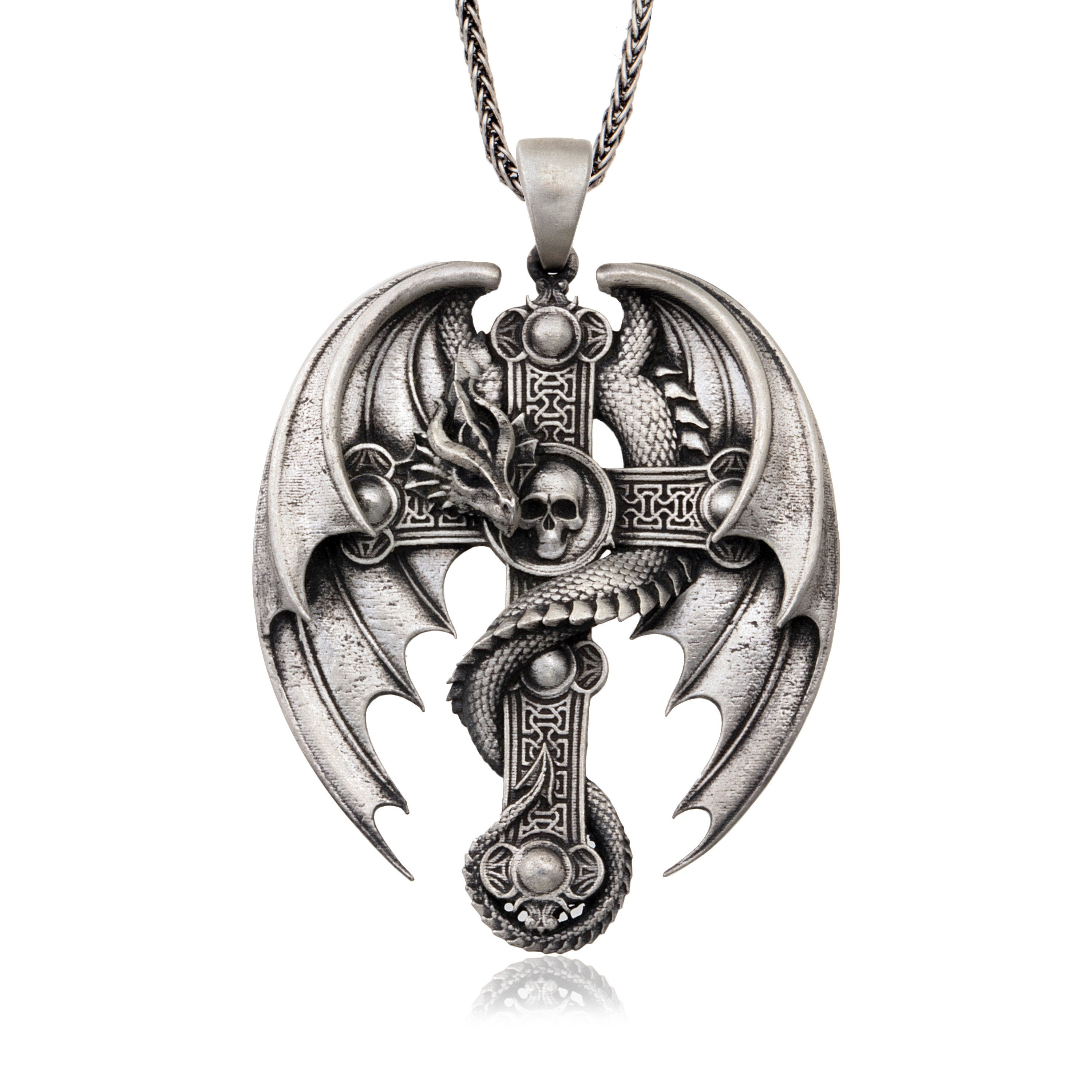 Solid Silver Dragon Necklace, Cross Pendants, Religious Jewelry, Catholic Crucifix Necklace, Gift For Fathers, Unique Gift For Father's Day