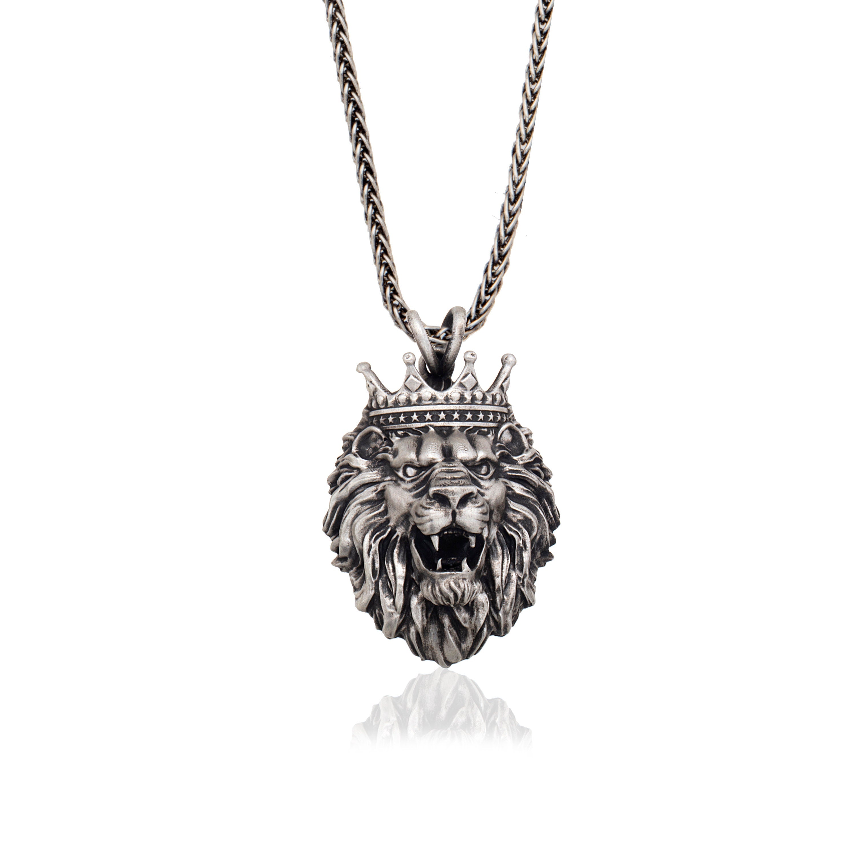 Solid Silver African Lion Necklaces, King Crowned Lion Man Pendant With Chain, Gift For Men, Gift For Fathers, Unique Gift For Father's Day