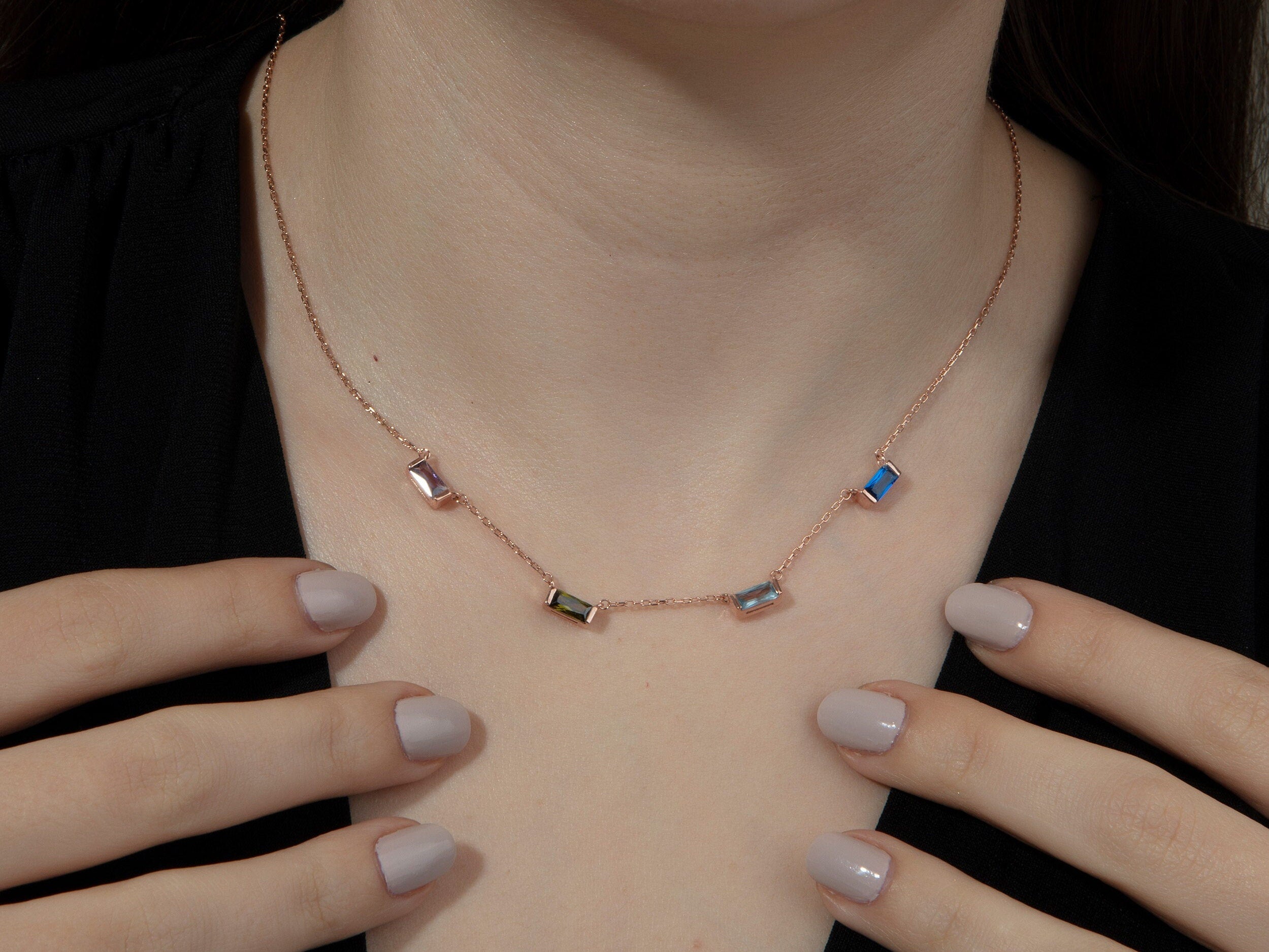 Silver Spaced Birthstone Necklace, Birthday Gift, Baguette Birthstone Necklace, Gift For Mother, Custom Made Jewelry, Gift For Mothers Day