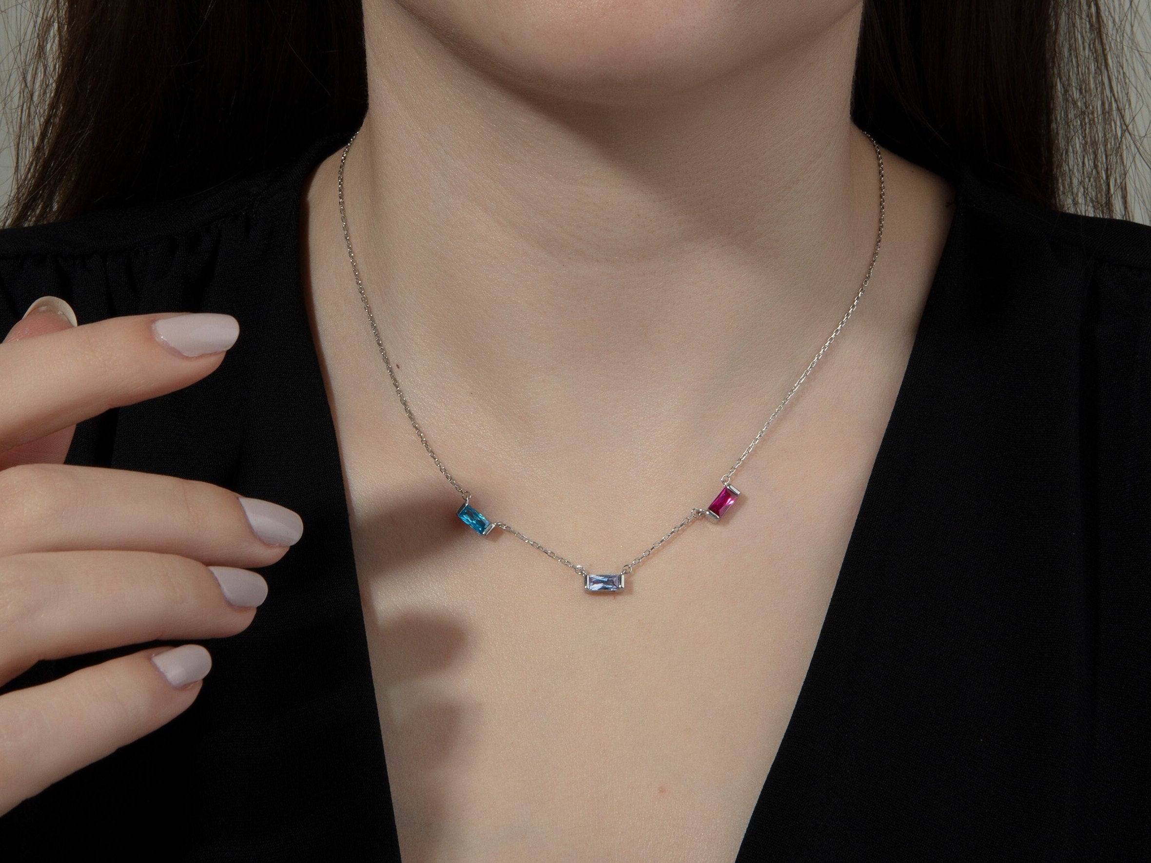 Silver Spaced Birthstone Necklace, Birthday Gift, Baguette Birthstone Necklace, Gift For Mother, Custom Made Jewelry, Gift For Mothers Day