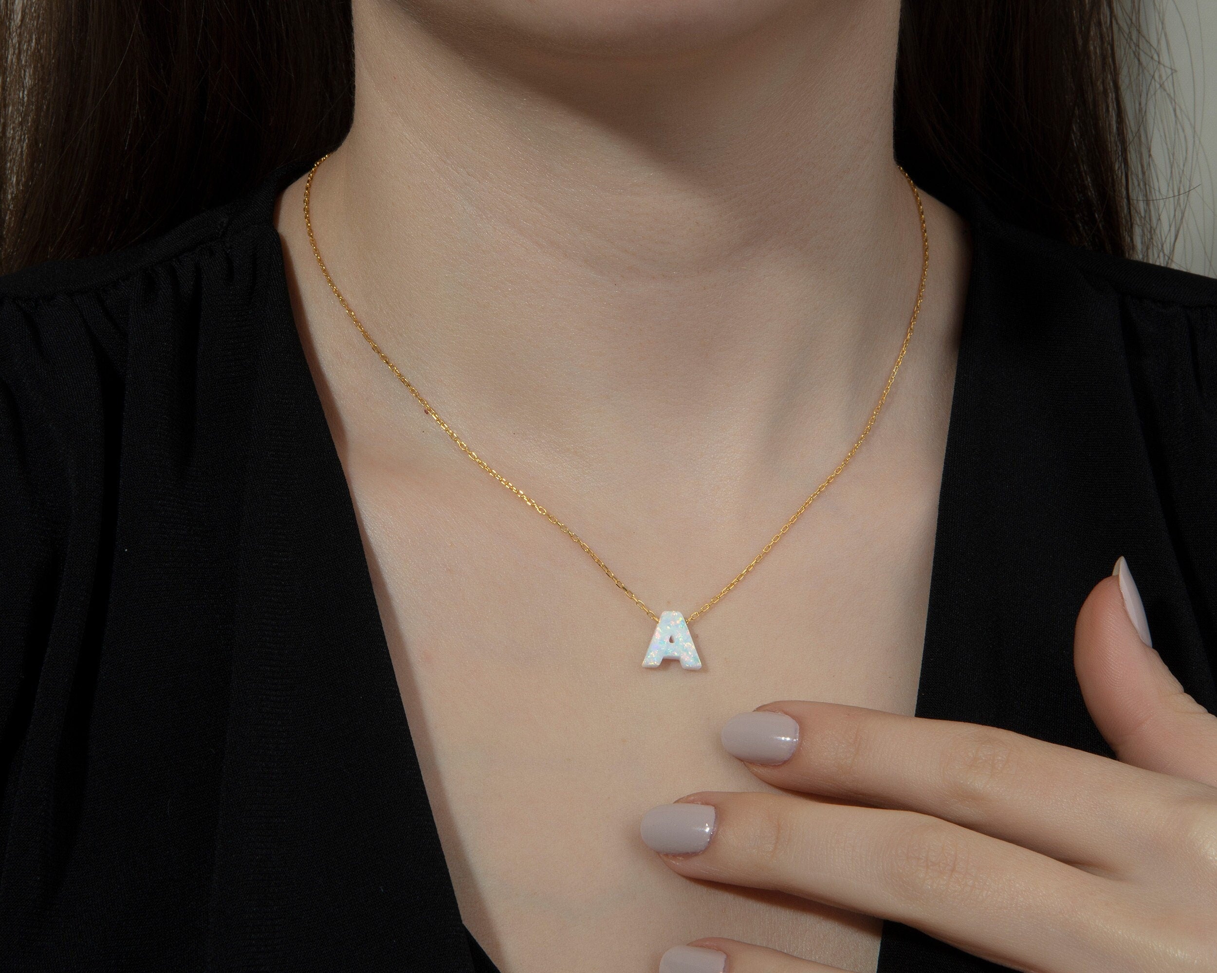White Opal Initial Necklace For Women, Custom Gift For Mothers, Blue Opal Letter Necklace, Pinky Opal Letter Pendant, Gift For Mothers Day