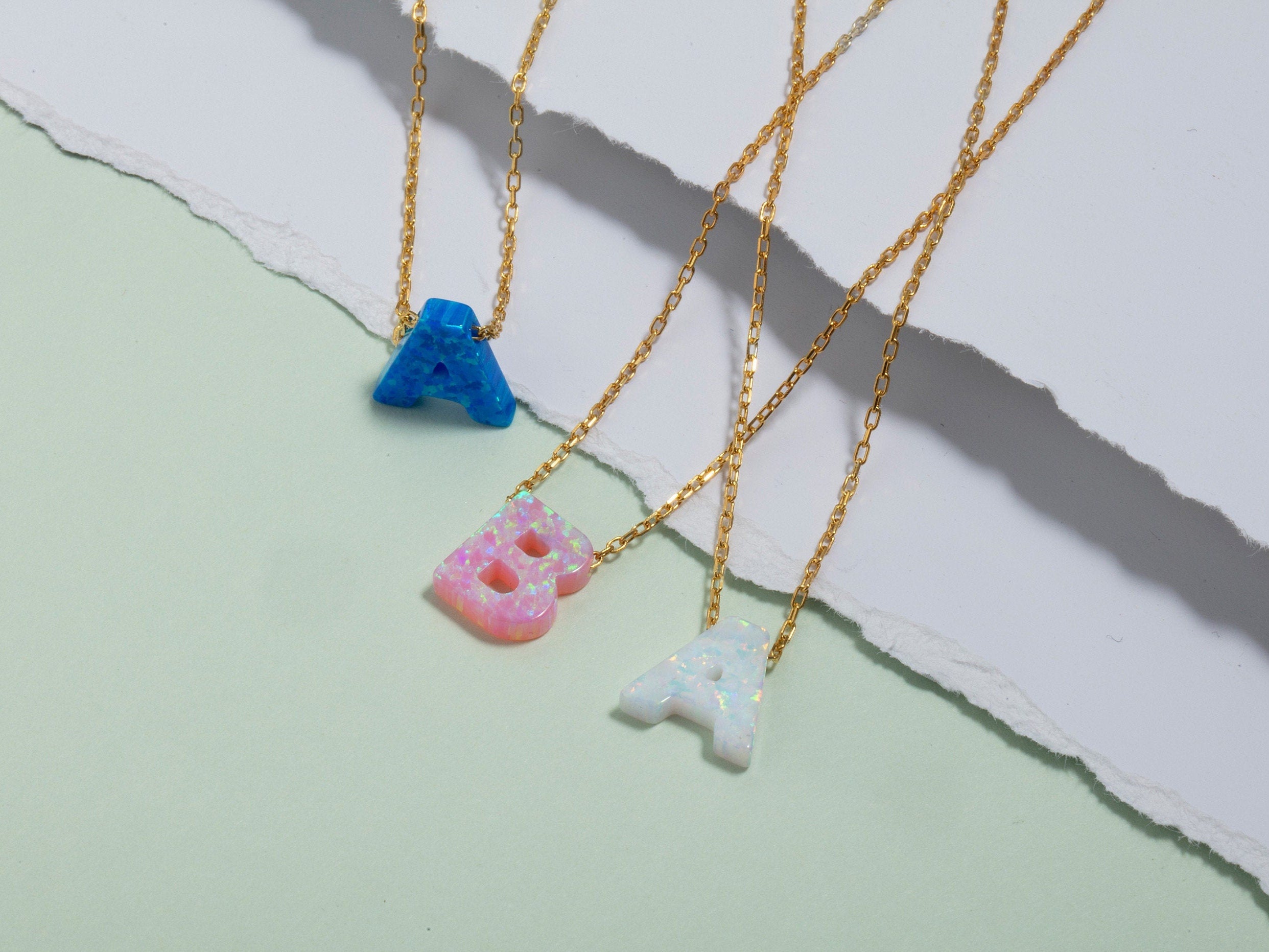 White Opal Initial Necklace For Women, Custom Gift For Mothers, Blue Opal Letter Necklace, Pinky Opal Letter Pendant, Gift For Mothers Day