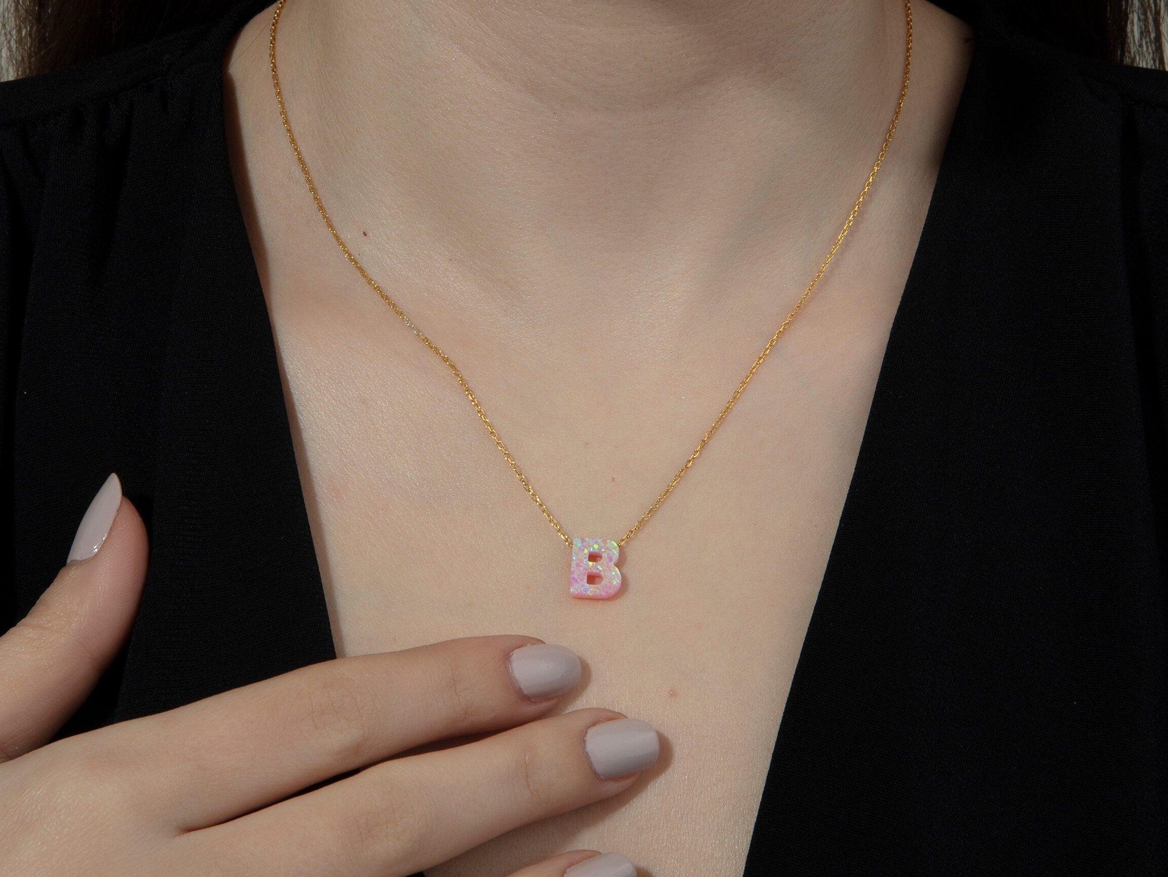 White Opal Initial Necklace For Women, Custom Gift For Mothers, Blue Opal Letter Necklace, Pinky Opal Letter Pendant, Gift For Mothers Day