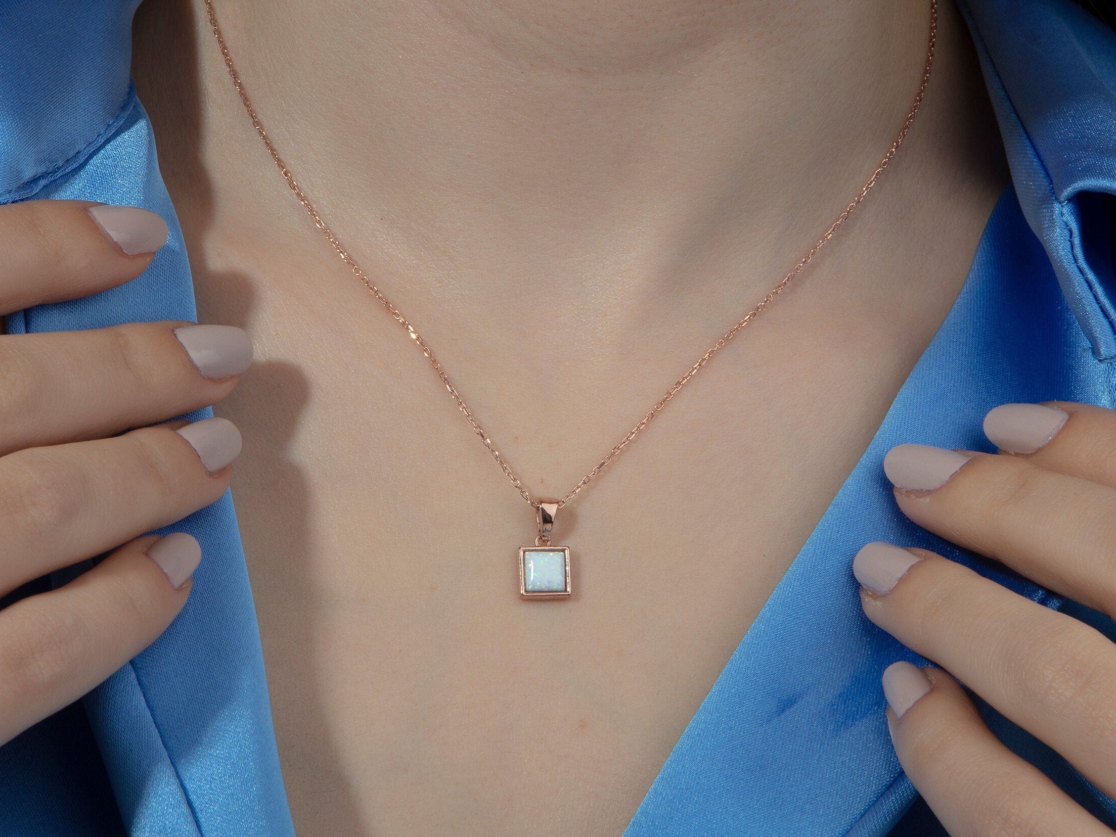 Sterling Silver Square Shape Opal Necklaces, 14K Gold White Opal Pendants, Birthstone Jewelry, Birthday Gift For Her, Gift For Mothers Day