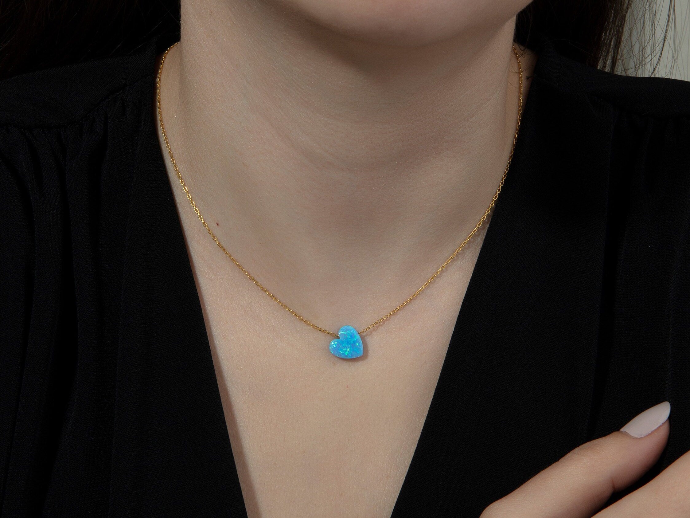 Silver Pink Heart Opal Necklace, 14K Gold Fire Opal Pendant, Gold Plated Blue Opal Necklace, Birthday Gift For Woman, Gift For Mothers Day