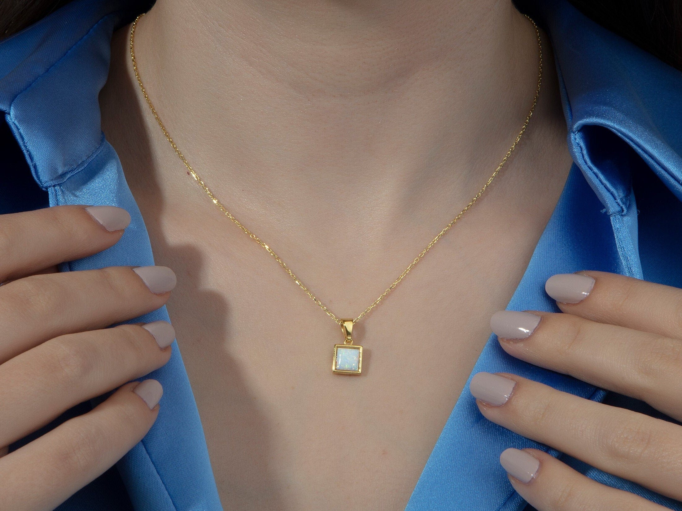 Sterling Silver Square Shape Opal Necklaces, 14K Gold White Opal Pendants, Birthstone Jewelry, Birthday Gift For Her, Gift For Mothers Day