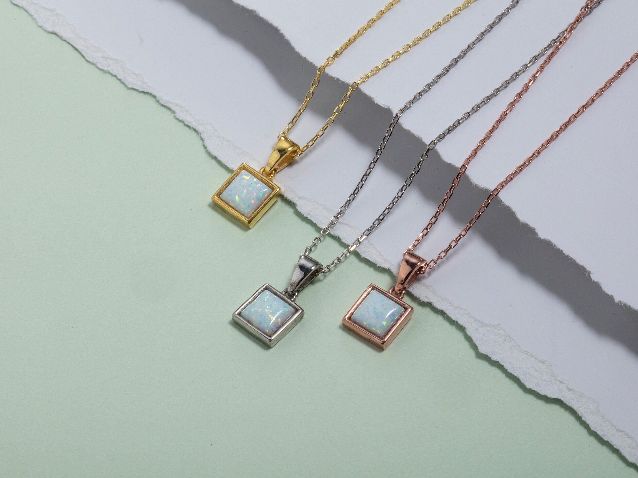Sterling Silver Square Shape Opal Necklaces, 14K Gold White Opal Pendants, Birthstone Jewelry, Birthday Gift For Her, Gift For Mothers Day