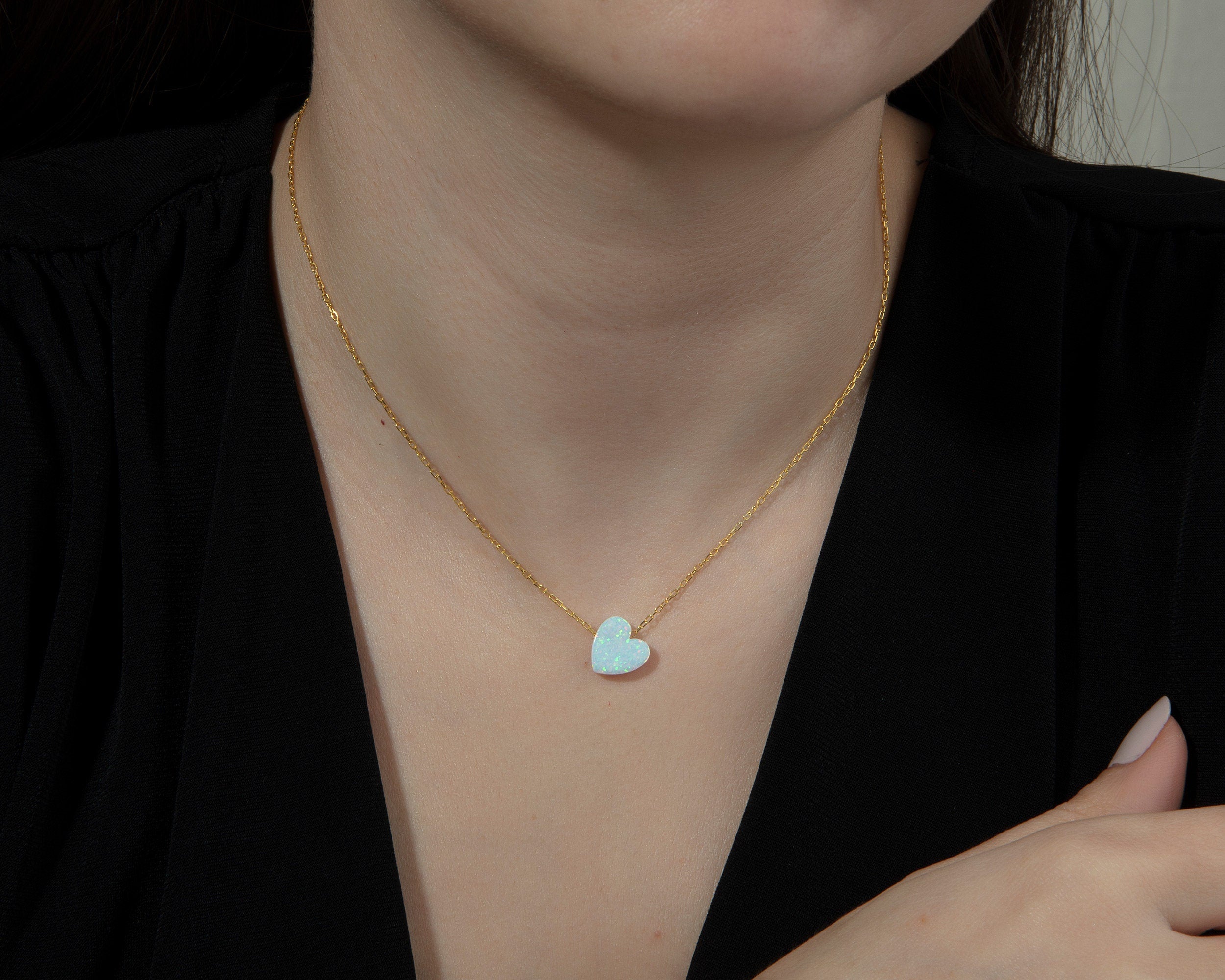 Silver Pink Heart Opal Necklace, 14K Gold Fire Opal Pendant, Gold Plated Blue Opal Necklace, Birthday Gift For Woman, Gift For Mothers Day
