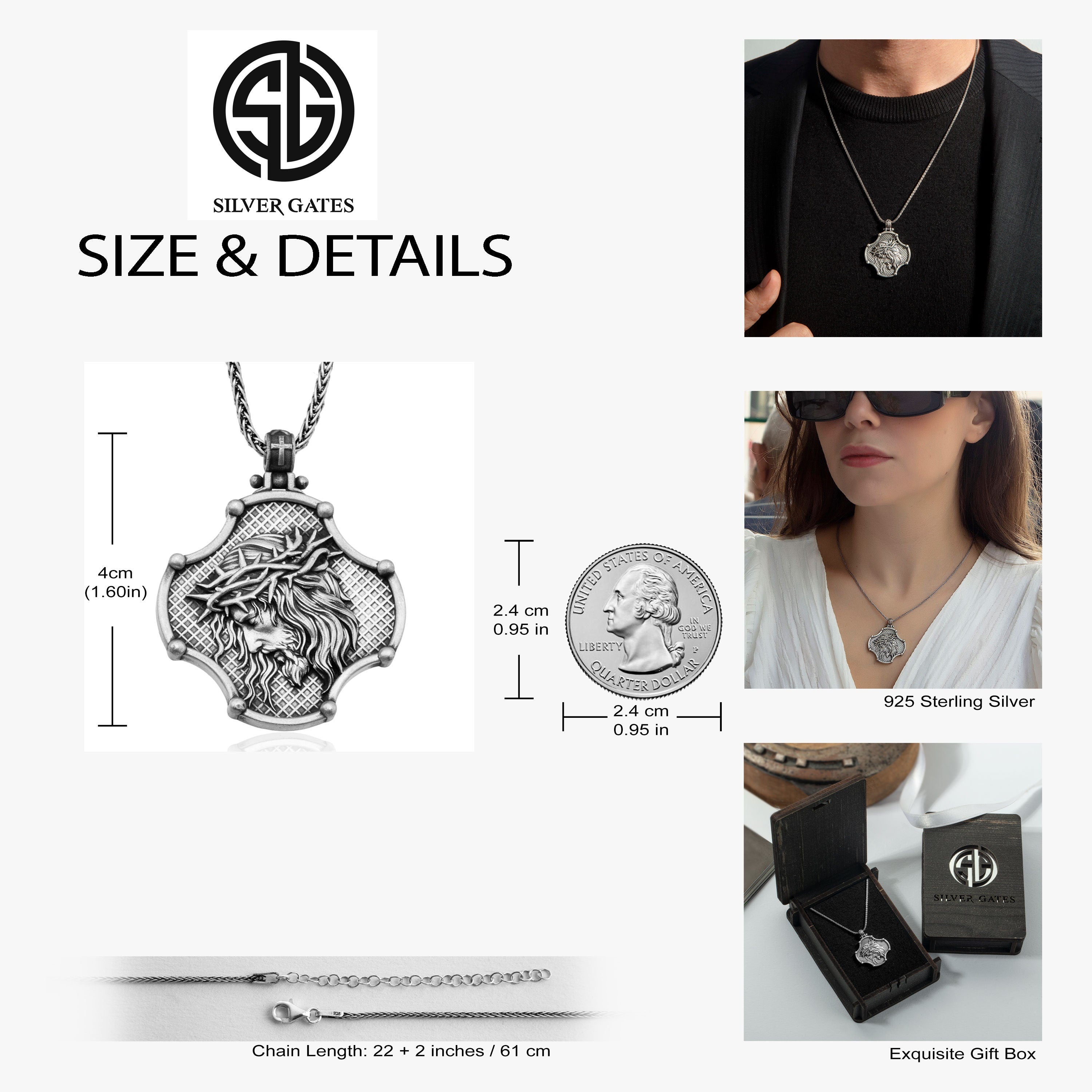 Sterling Silver Jesus Head Necklaces For Men, Jesus Christ Cross Necklaces For Women, Unisex Religious Jewelry, Unique Gift For Father's Day