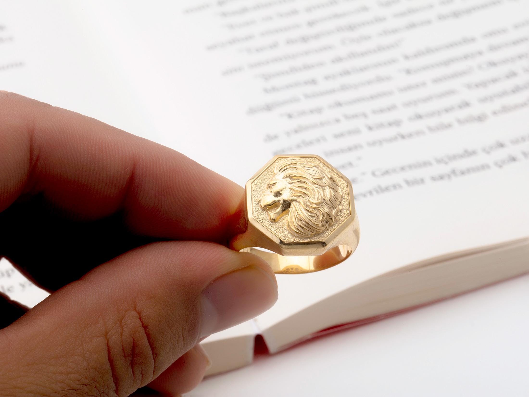 Solid Gold Lion Head Rings, 14K Gold Wild Lion Signet Ring, Gifts For Fathers, Animal Statement Rings For Men, Unique Gift For Father's Day