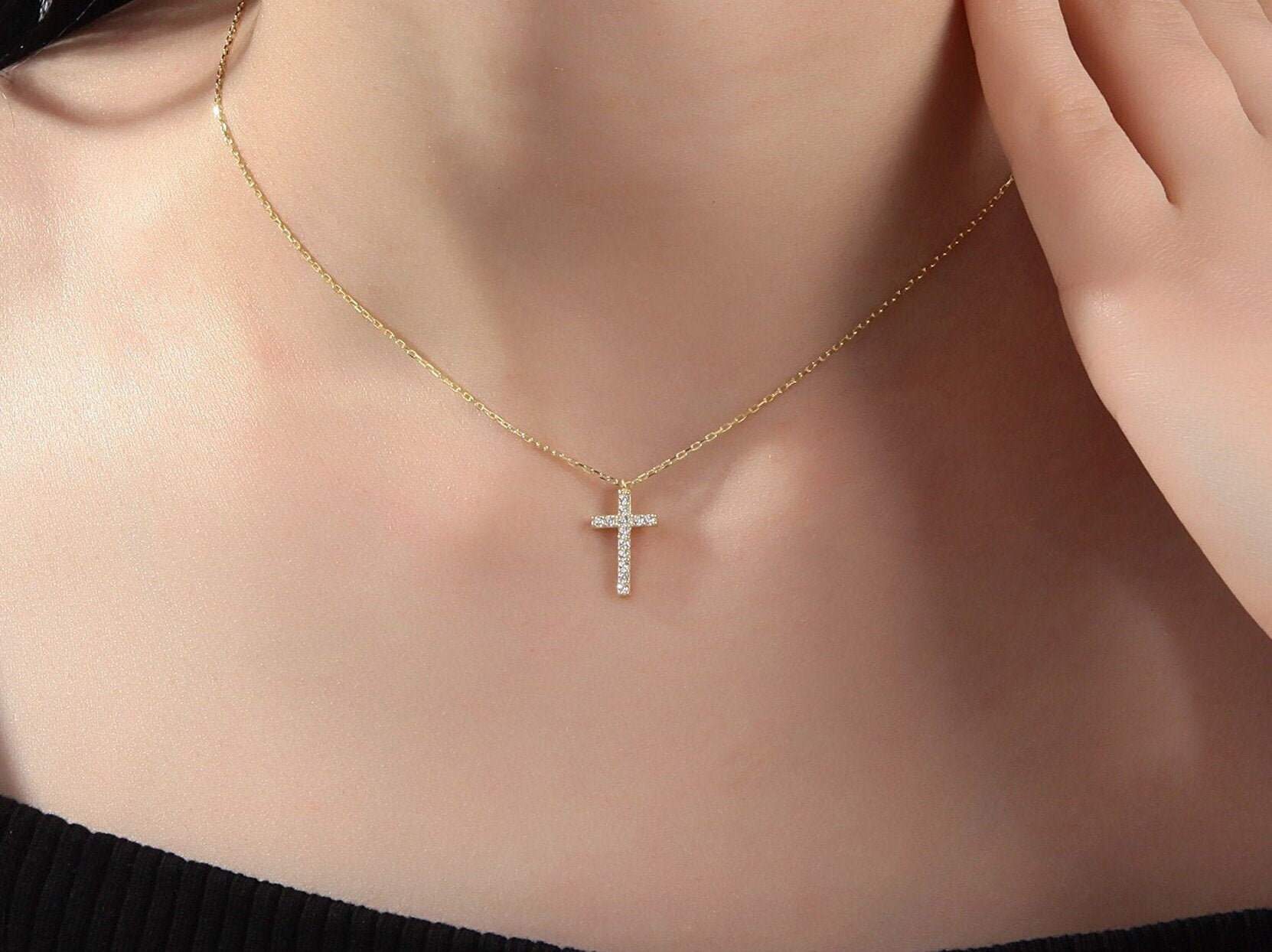 Zircon Diamond Cross Necklace For Women, Gift For Mothers, 14K Gold Cross Necklace, Birthday Gift, Religious Jewelry, Gift For Mothers Day