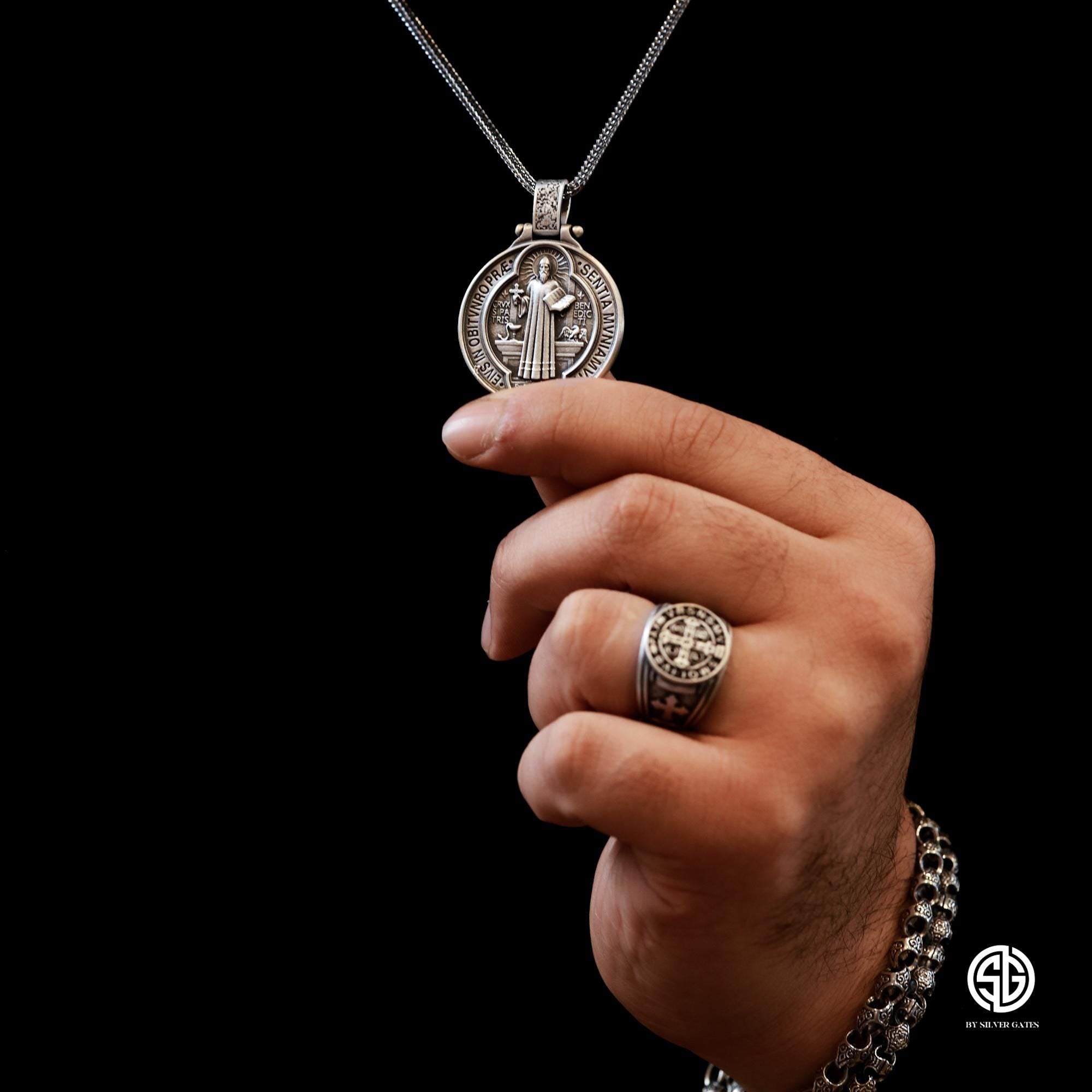 Silver Saint Benedict Necklace, St Benedict Cross Pendants, Catholic Religious Men Jewelry, Protection Pendant, Unique Gift For Father's Day