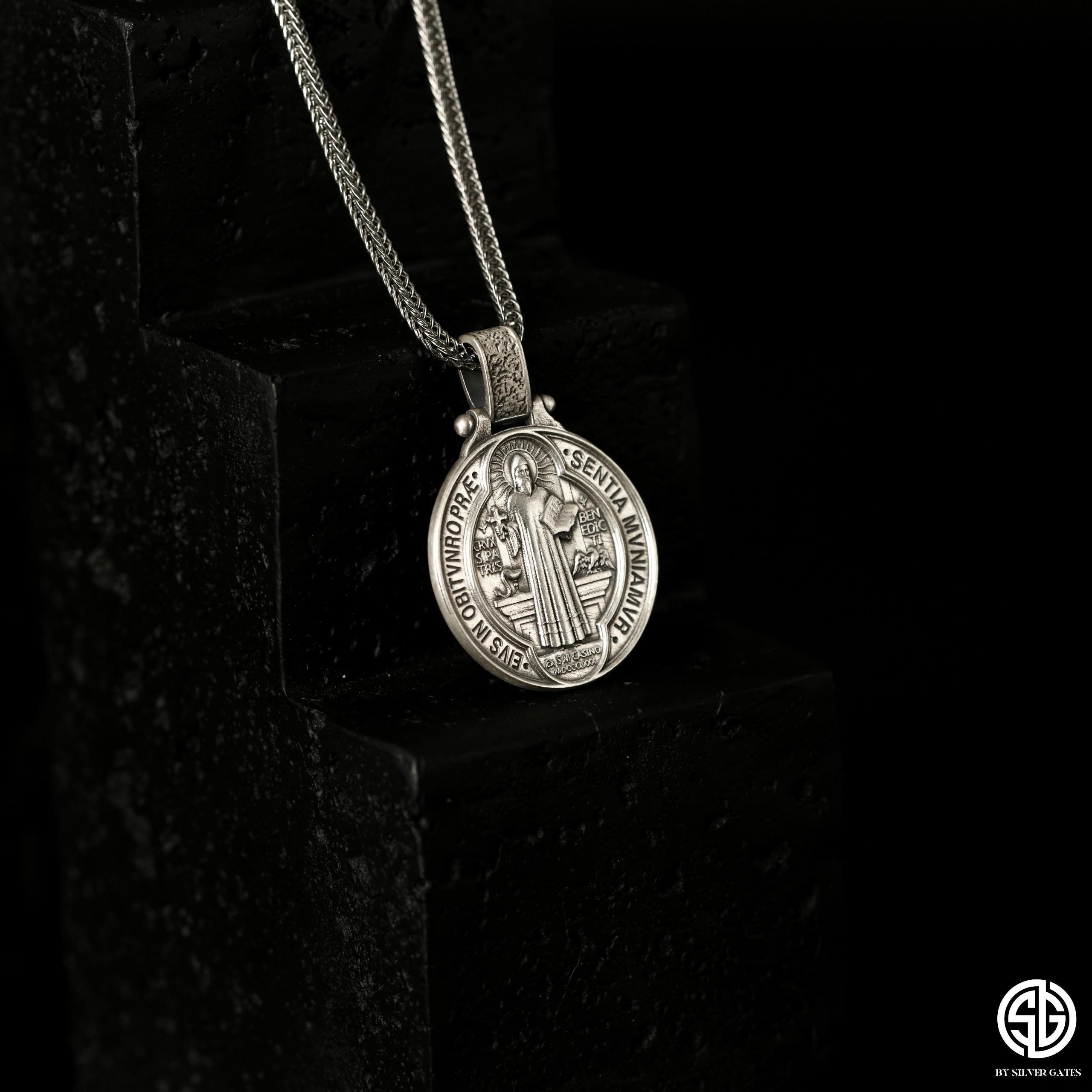 Silver Saint Benedict Necklace, St Benedict Cross Pendants, Catholic Religious Men Jewelry, Protection Pendant, Unique Gift For Father's Day