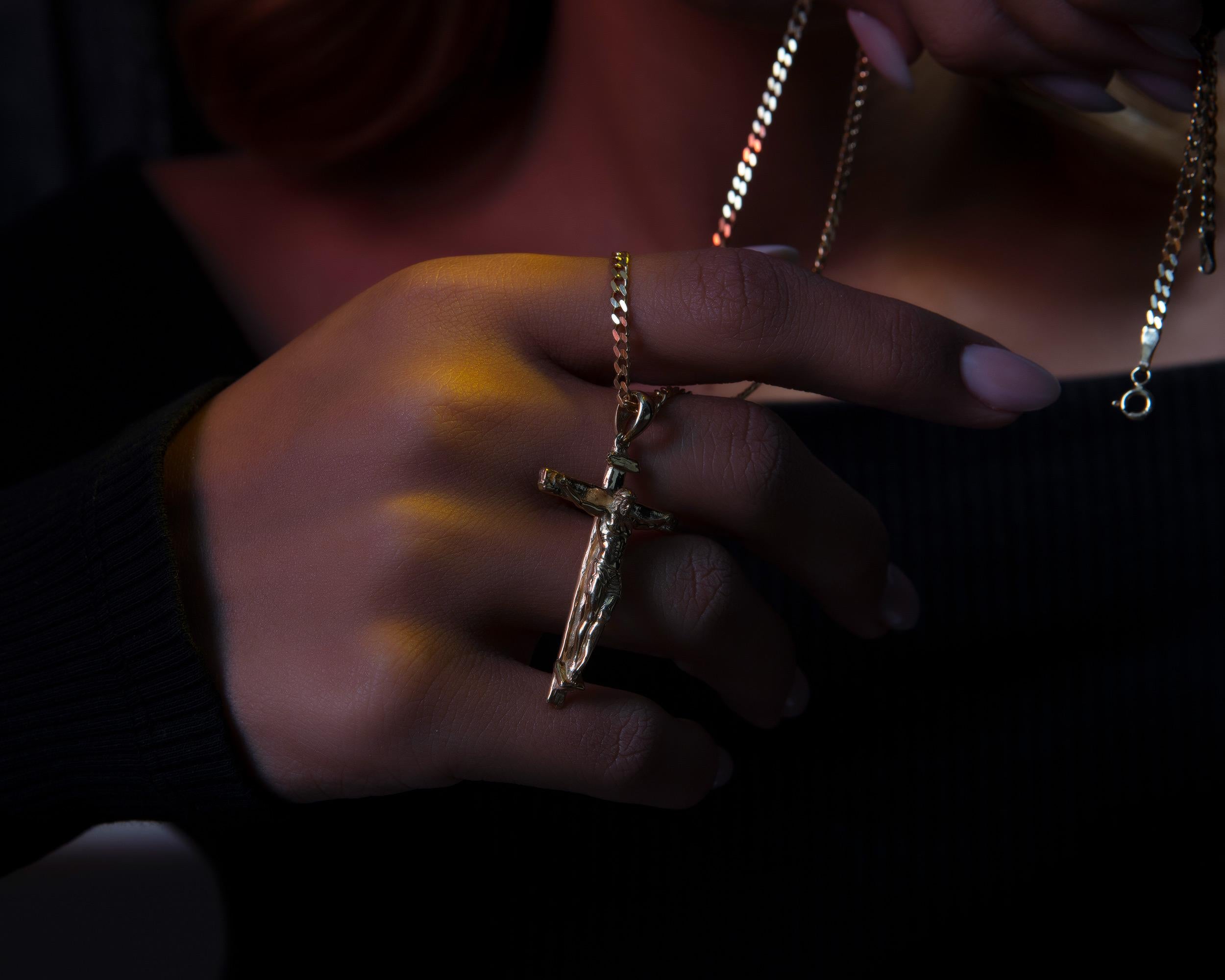 Solid Gold Crucifix Pendant With Gourmet Chain, 14K Gold Jesus Cross Man Necklace, Religious Unisex Necklaces, Unique Gift For Father's Day