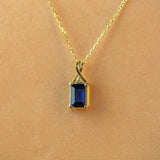 Sapphire Necklace with Natural Diamond - Emerald Cut September Birthstone