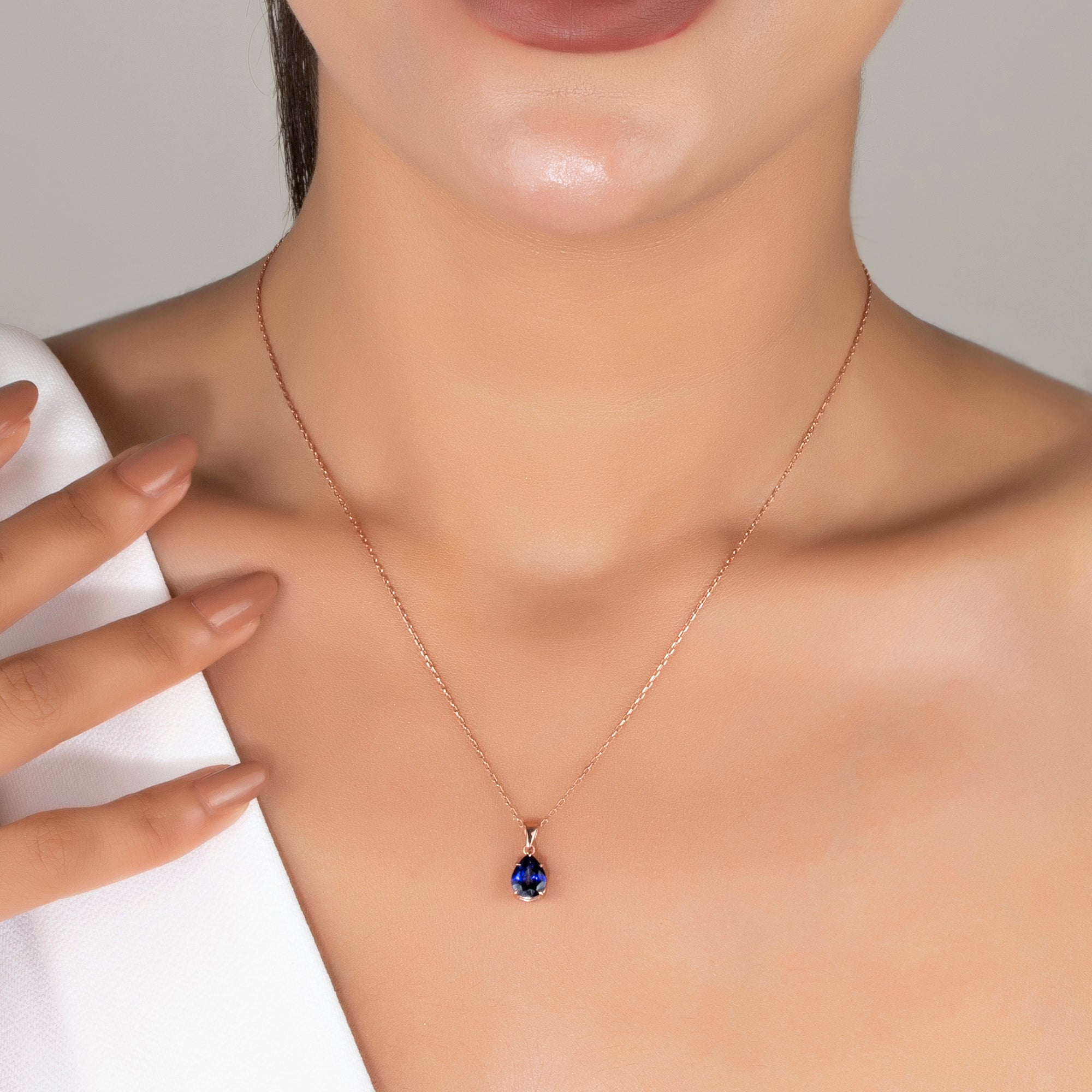 September Birthstone Necklace, Pear Sapphire Claw Prong