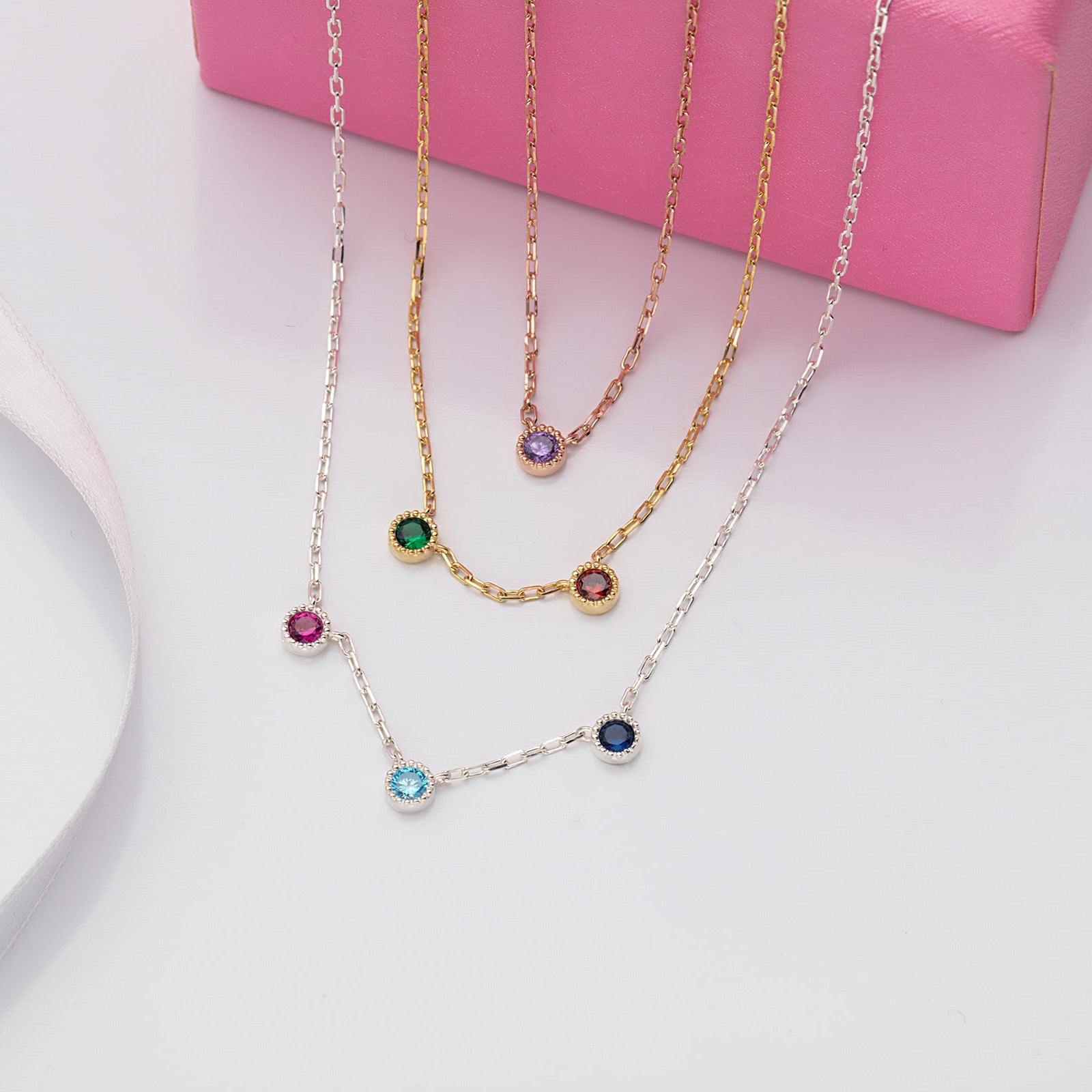 Spaced Birthstone Family Necklaces