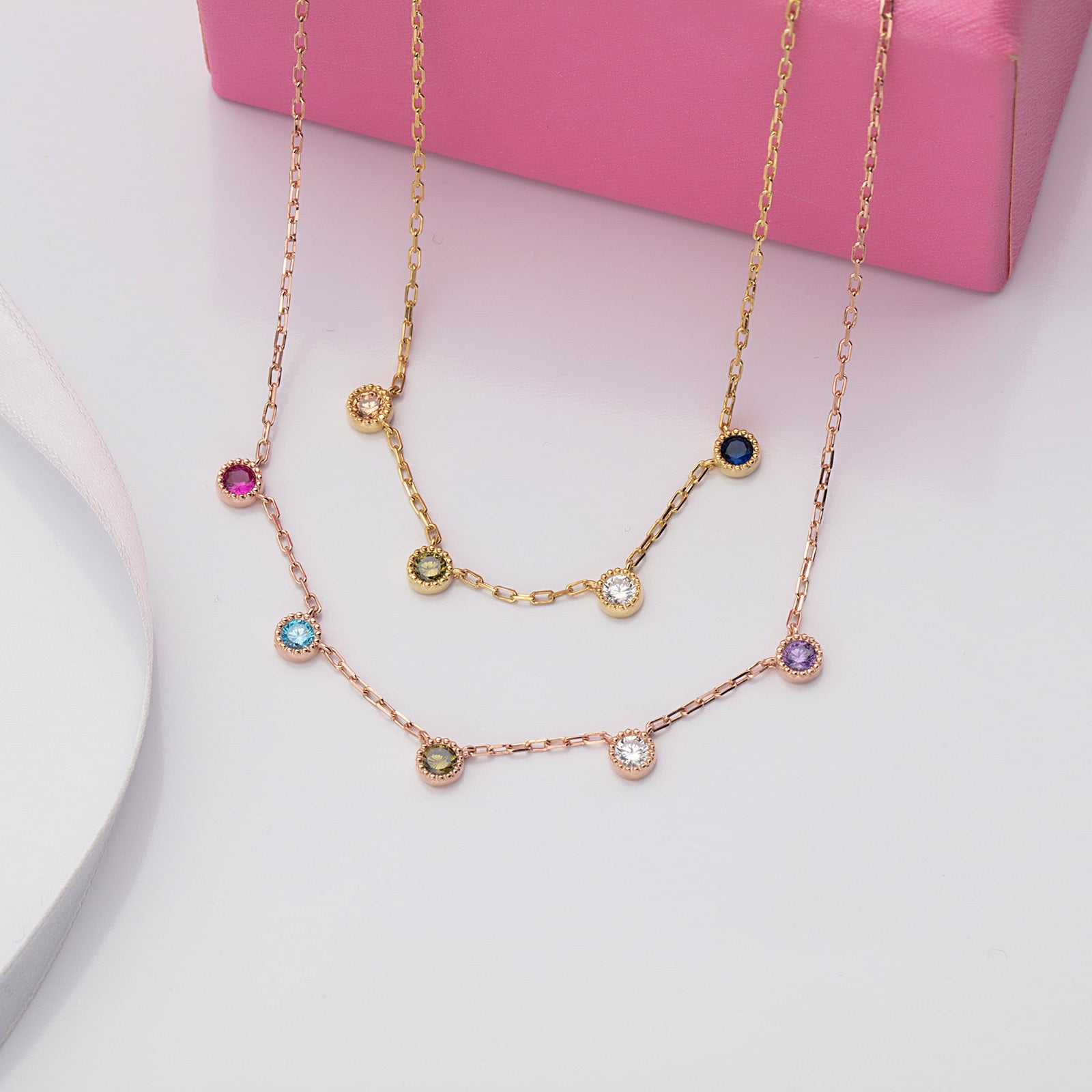 Spaced Birthstone Family Necklaces