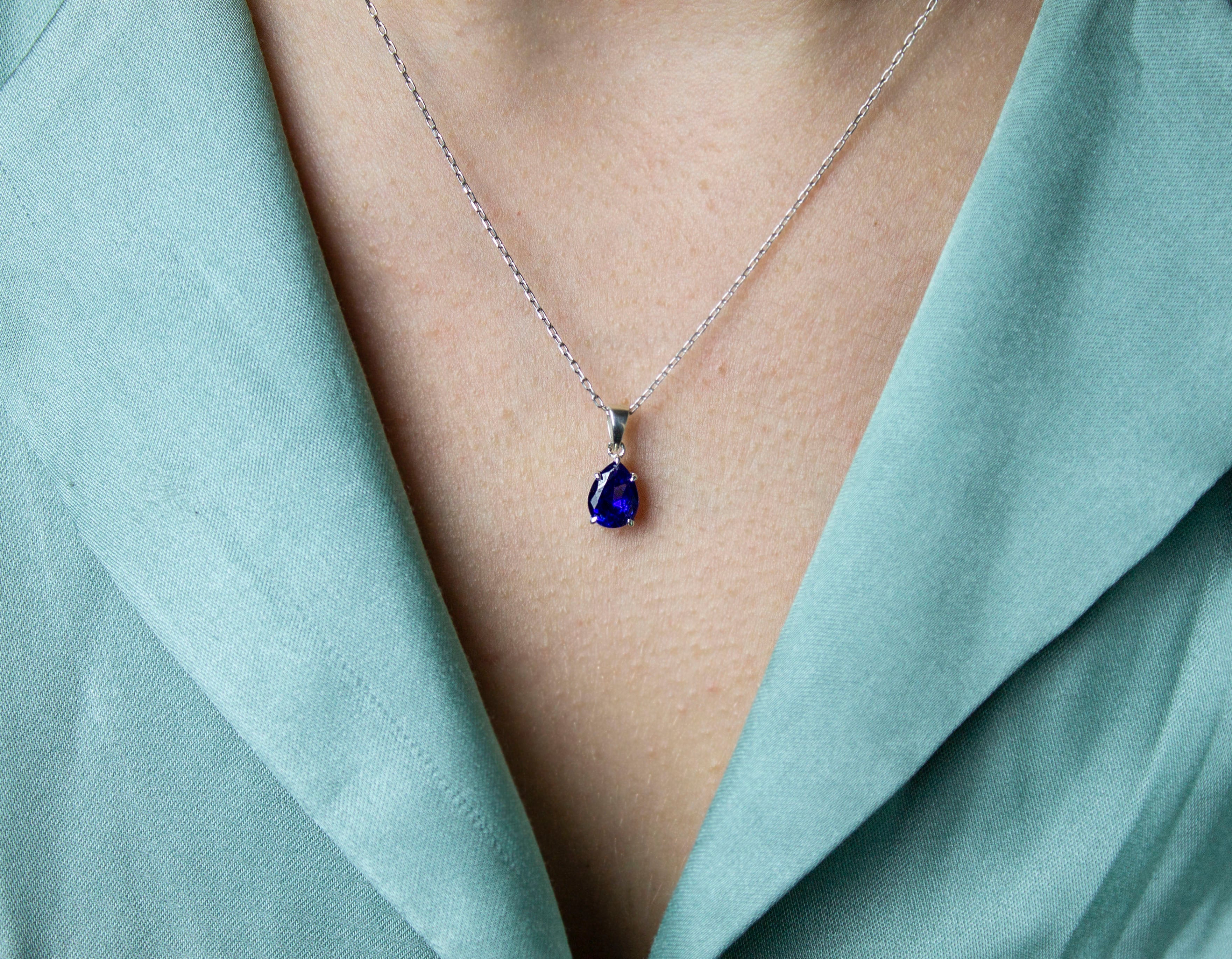 September Birthstone Necklace, Pear Sapphire Claw Prong