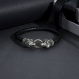 Men’s Black Braided Leather Bracelet with Sterling Silver Lion Heads