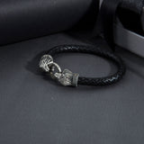 Men’s Black Braided Leather Bracelet with Sterling Silver Lion Heads