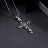 Men’s Sterling Silver Cross Necklace with Garnet & White Zircons