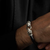 Men’s Black Braided Leather Bracelet with Sterling Silver Lion Heads