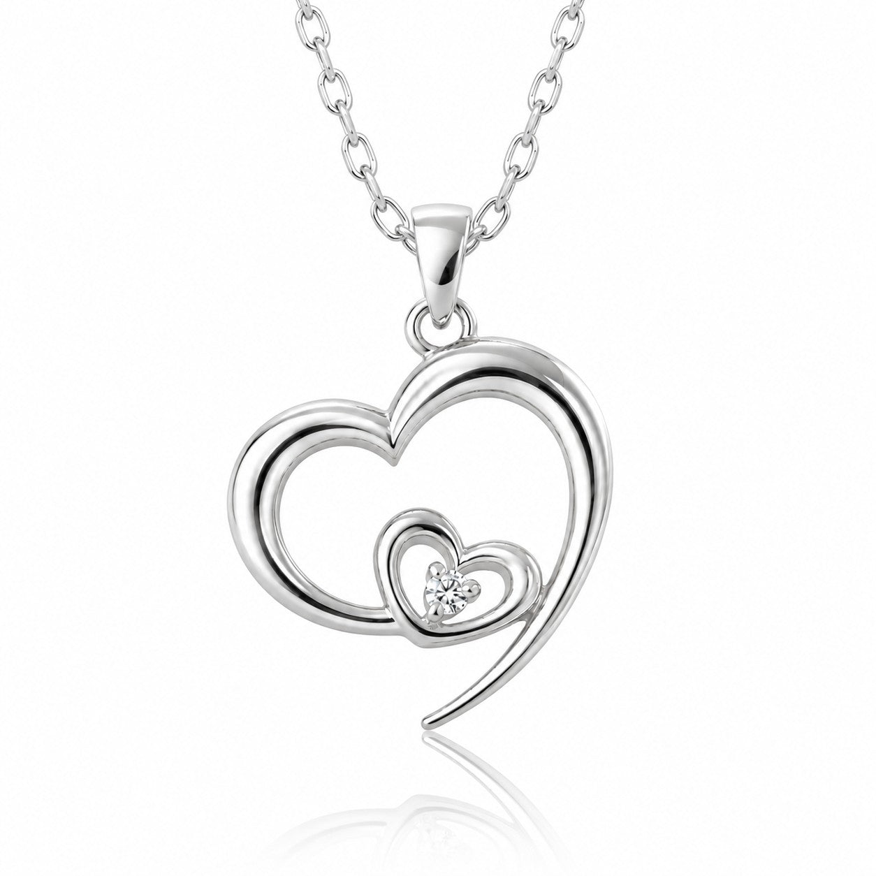 Double Heart Necklace with Diamond in silver