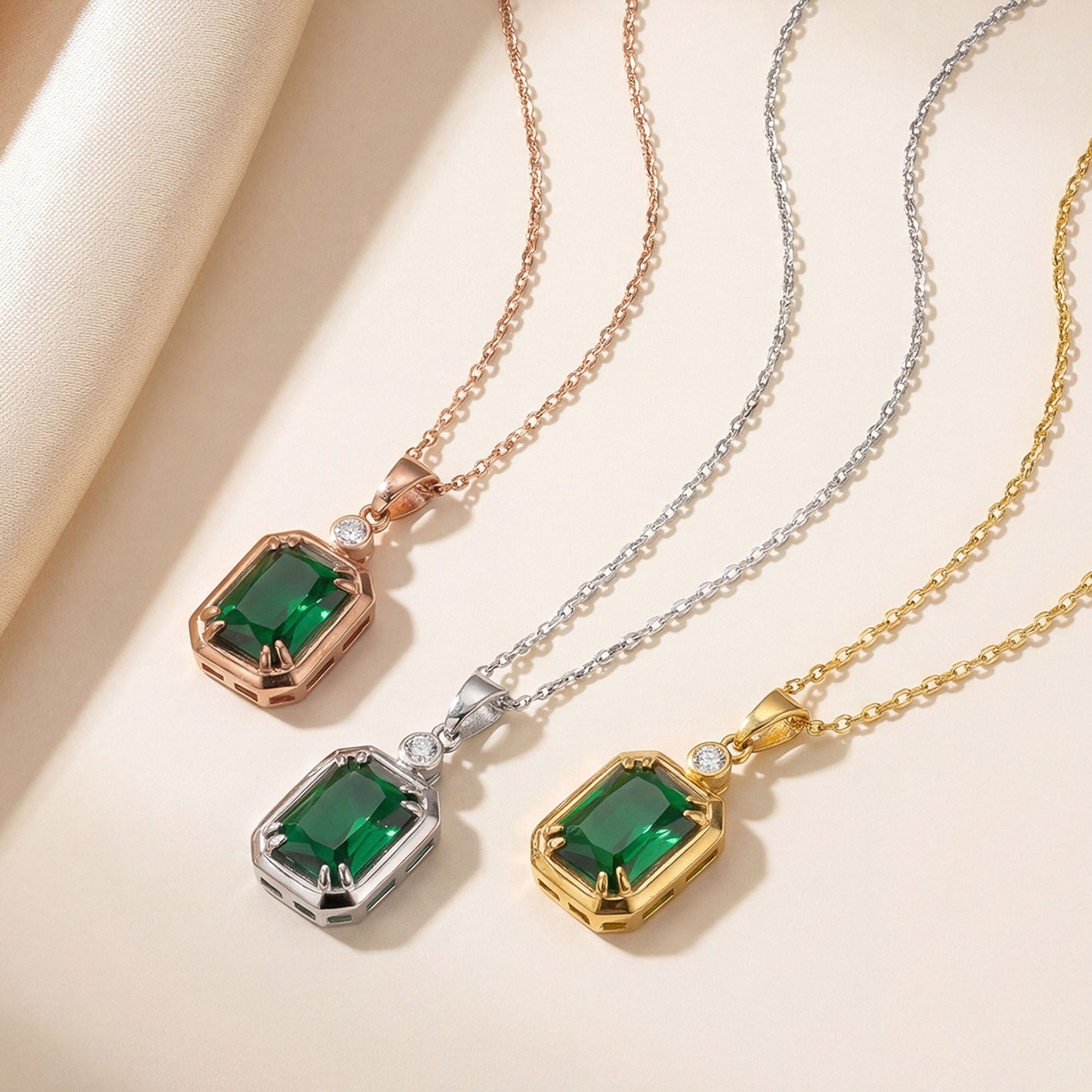 Emerald Cut Emerald Necklace with Diamond in silver, gold and rose gold