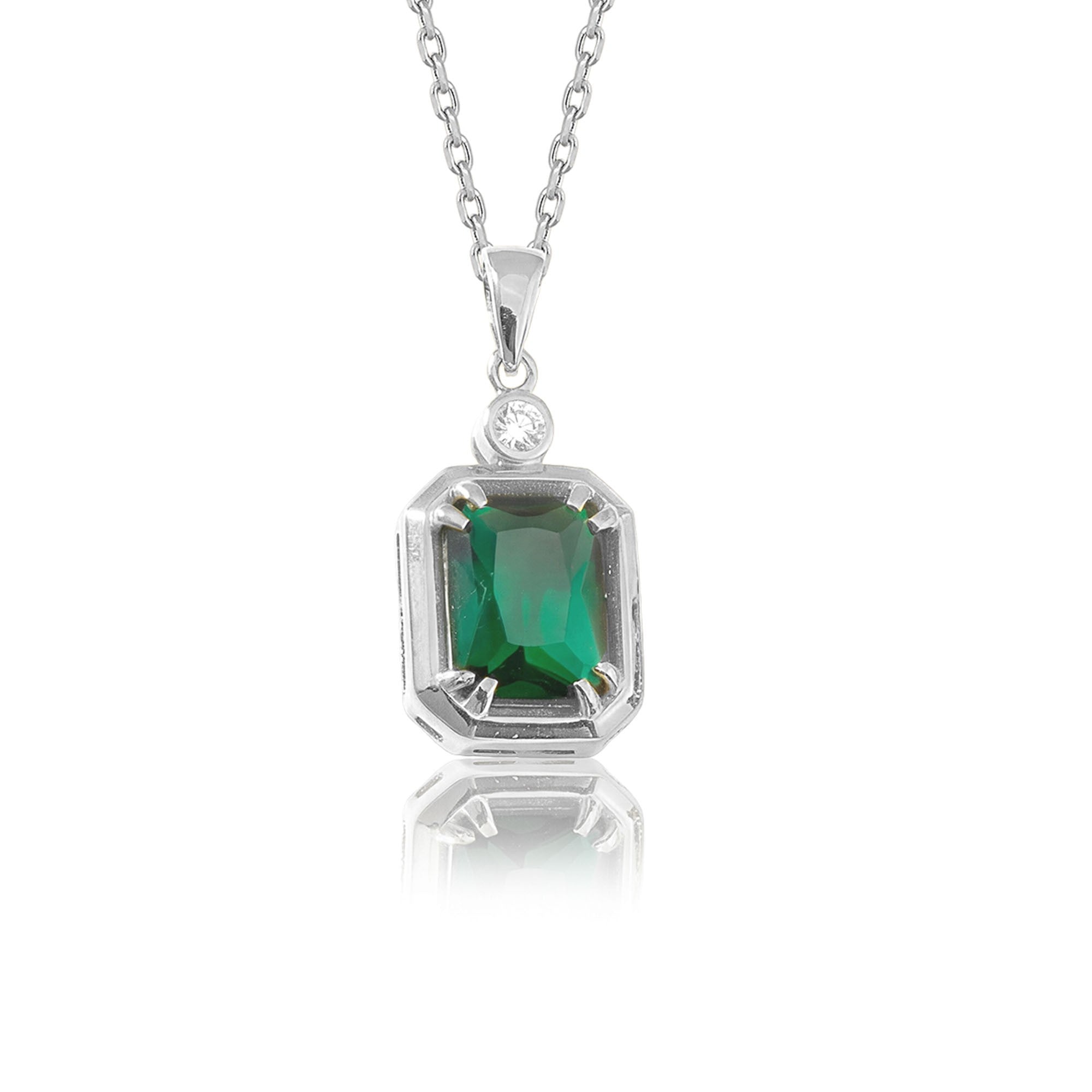 Emerald Cut Emerald Necklace with Diamond in silver