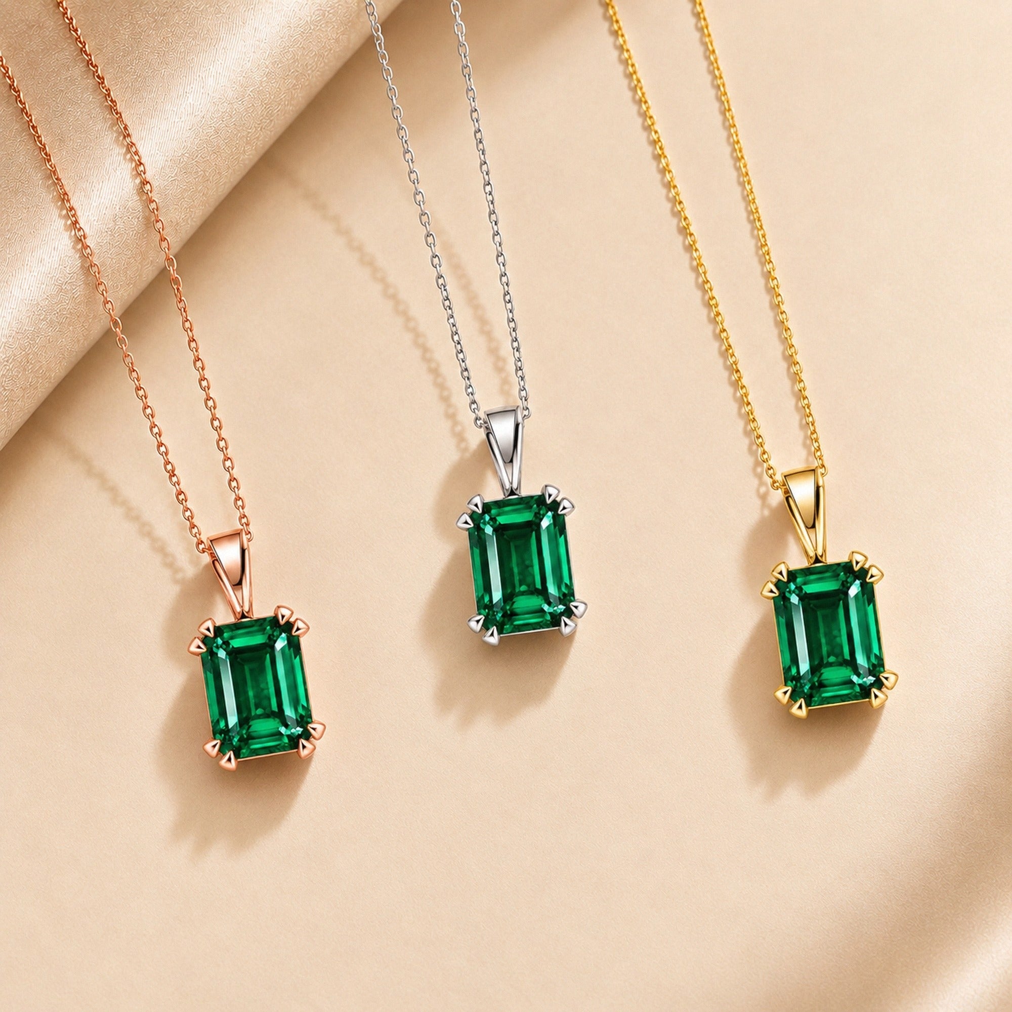 Emerald Cut Emerald Solitaire Necklace in silver, gold and rose gold