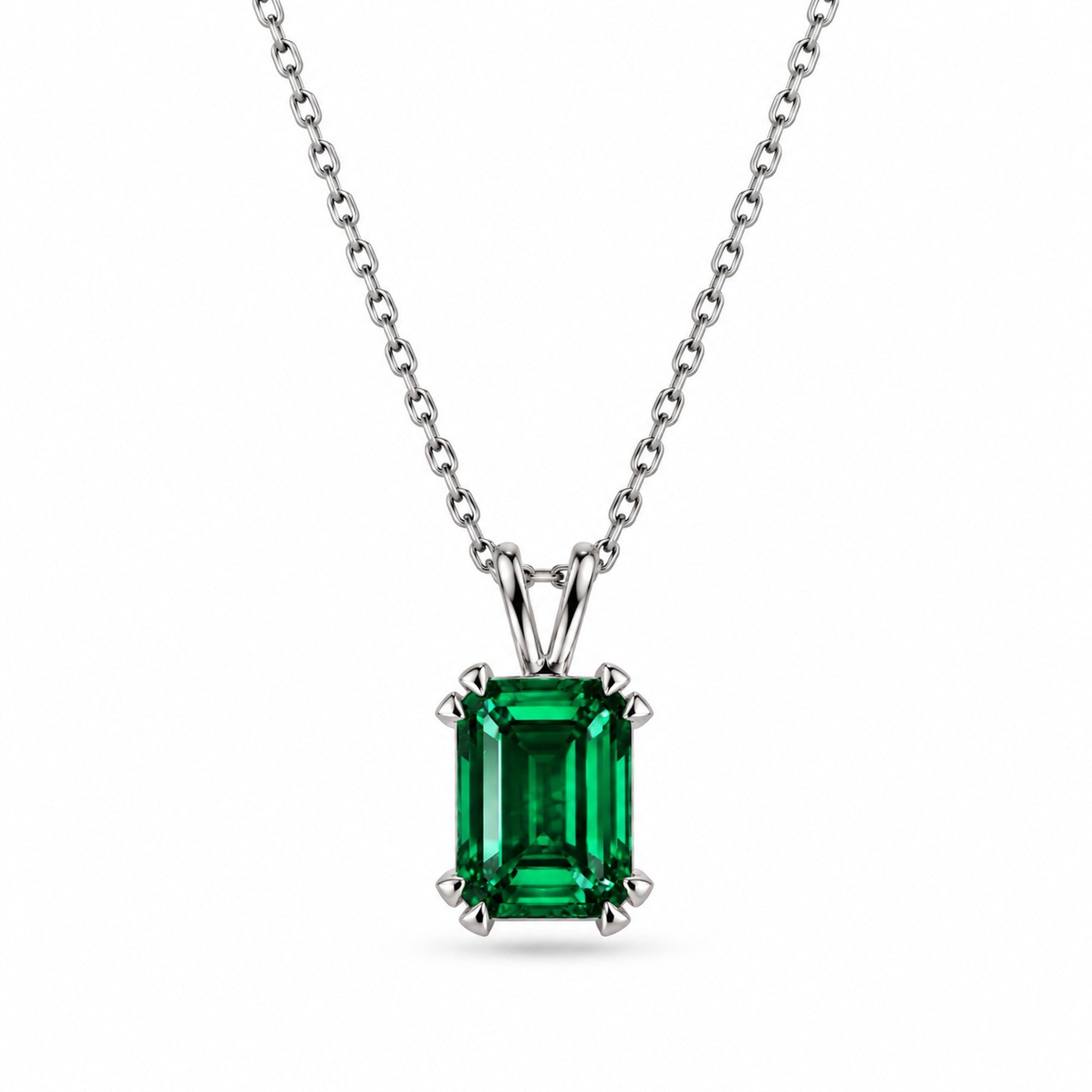 Emerald Cut Emerald Solitaire Necklace in silver