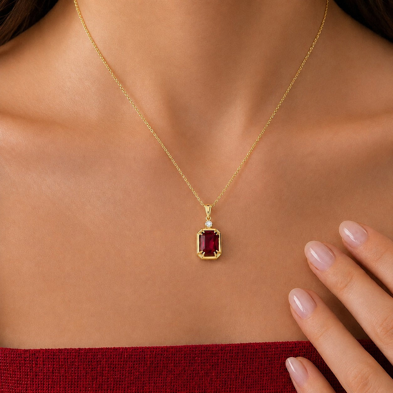 Emerald Cut Ruby Necklace with Diamond in gold, worn