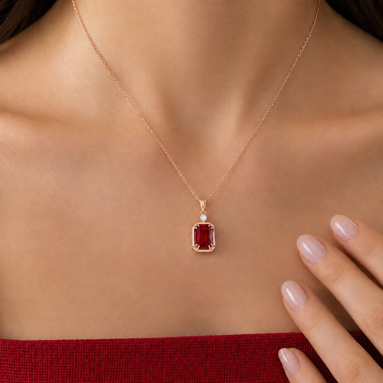 Emerald Cut Ruby Necklace with Diamond in rose gold, worn
