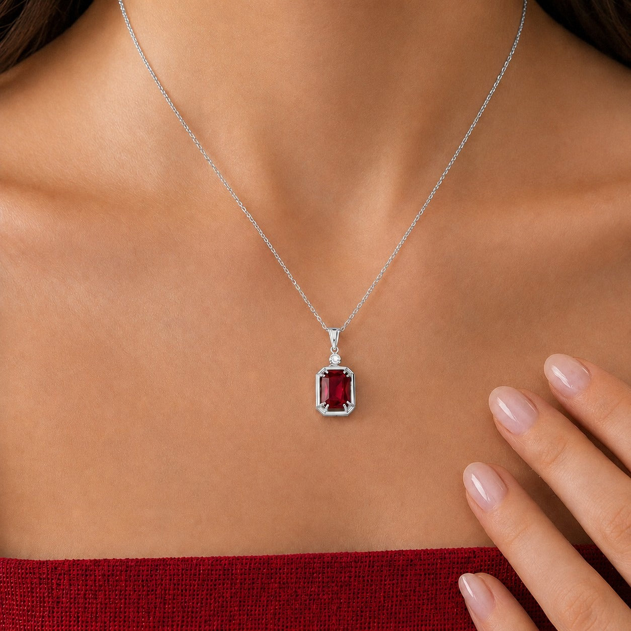 Emerald Cut Ruby Necklace with Diamond in silver, worn