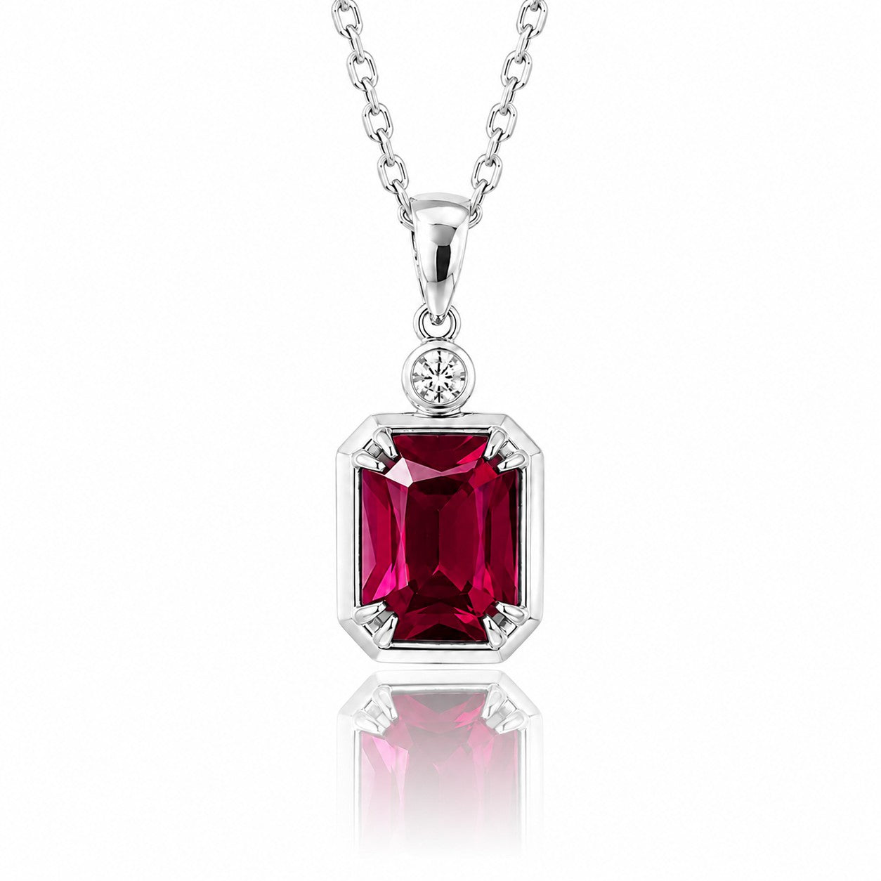 Emerald Cut Ruby Necklace with Diamond in silver