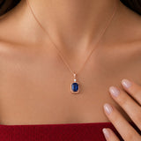 Emerald Cut Sapphire Necklace with Diamond in rose gold, worn