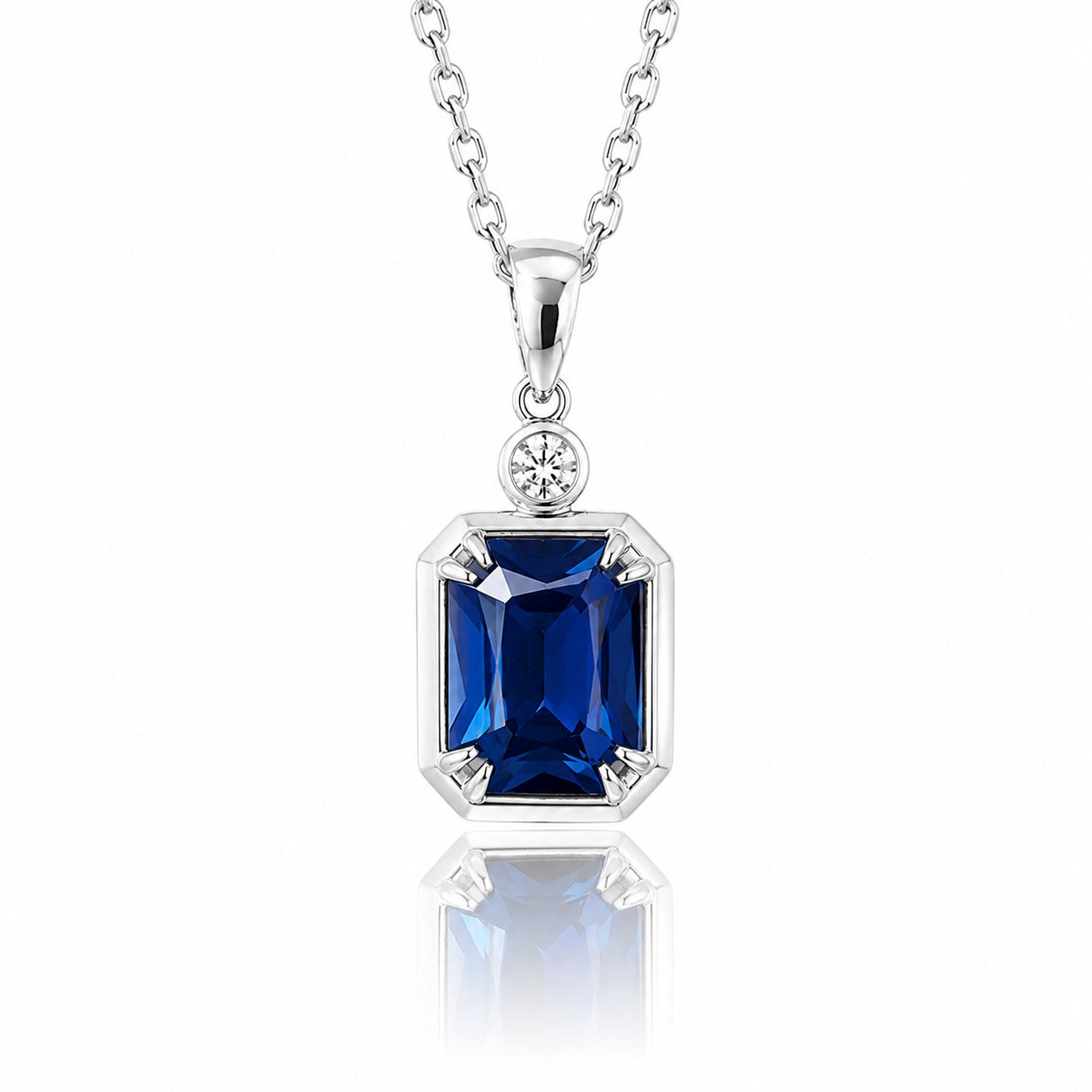 Emerald Cut Sapphire Necklace with Diamond in silver