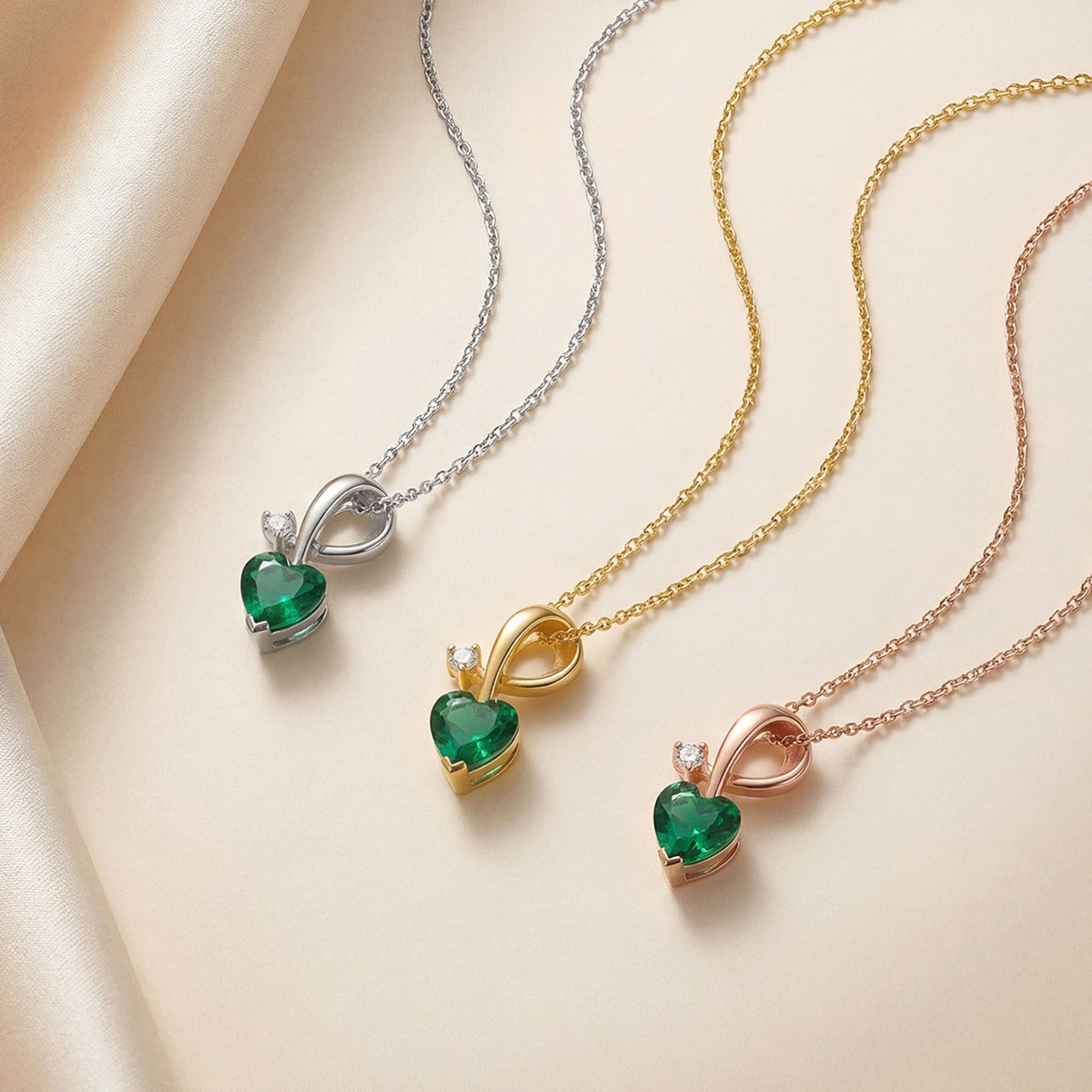 Heart Emerald Necklace with Diamond Swirl in silver, gold and rose gold
