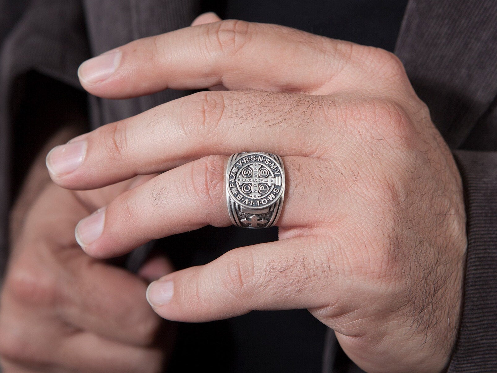 St Benedict Medal Jewelry Cross Ring, Silver Signet Mens Ring, Mens Religious Accessory, St Benedict Ring, Ring For Men, Christian Gift Ring