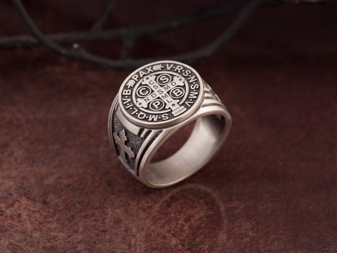 St Benedict Medal Jewelry Cross Ring, Silver Signet Mens Ring, Mens Religious Accessory, St Benedict Ring, Ring For Men, Christian Gift Ring