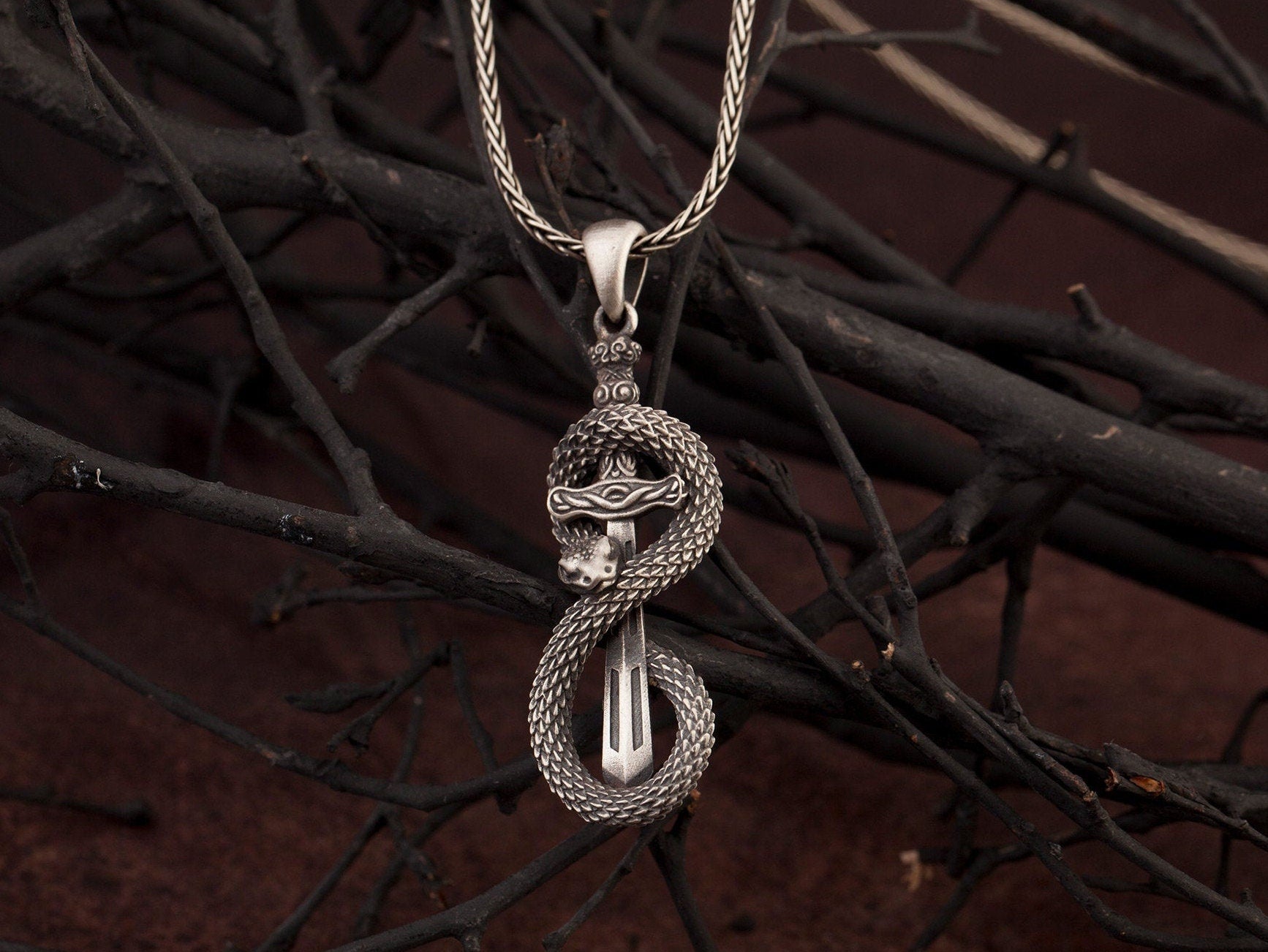 Sterling Silver Snake Pendant, Warrior Man Jewelry, Unique Sword Pendants, Snake Necklace, Necklace For Men's, Unique Gift For Father's Day