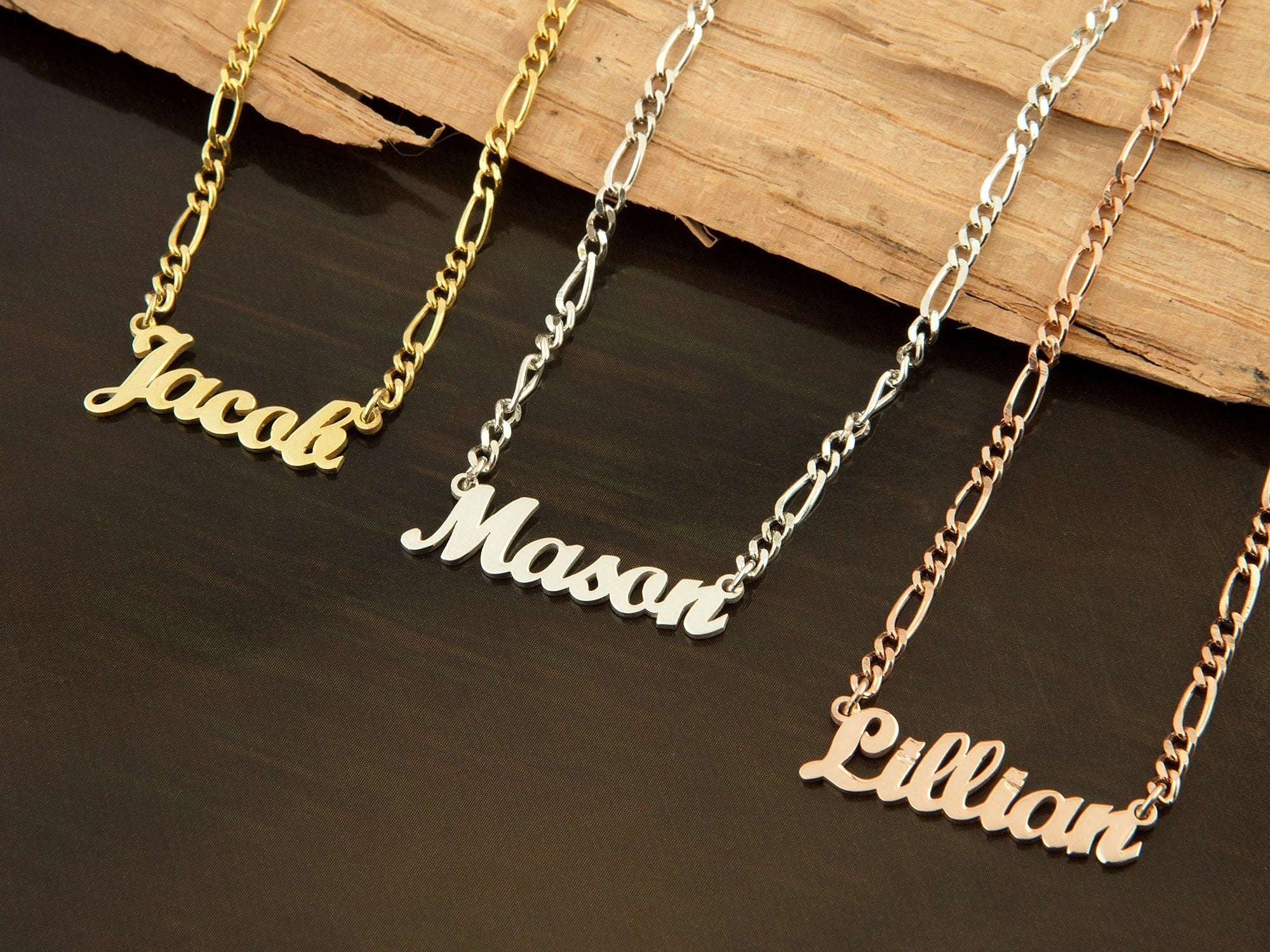 Silver Name Plate With Figaro Chain, Moms Gift, 14K Gold Custom Name Necklaces, Gifts For Mother, Personalized Gifts, Gift For Mothers Day