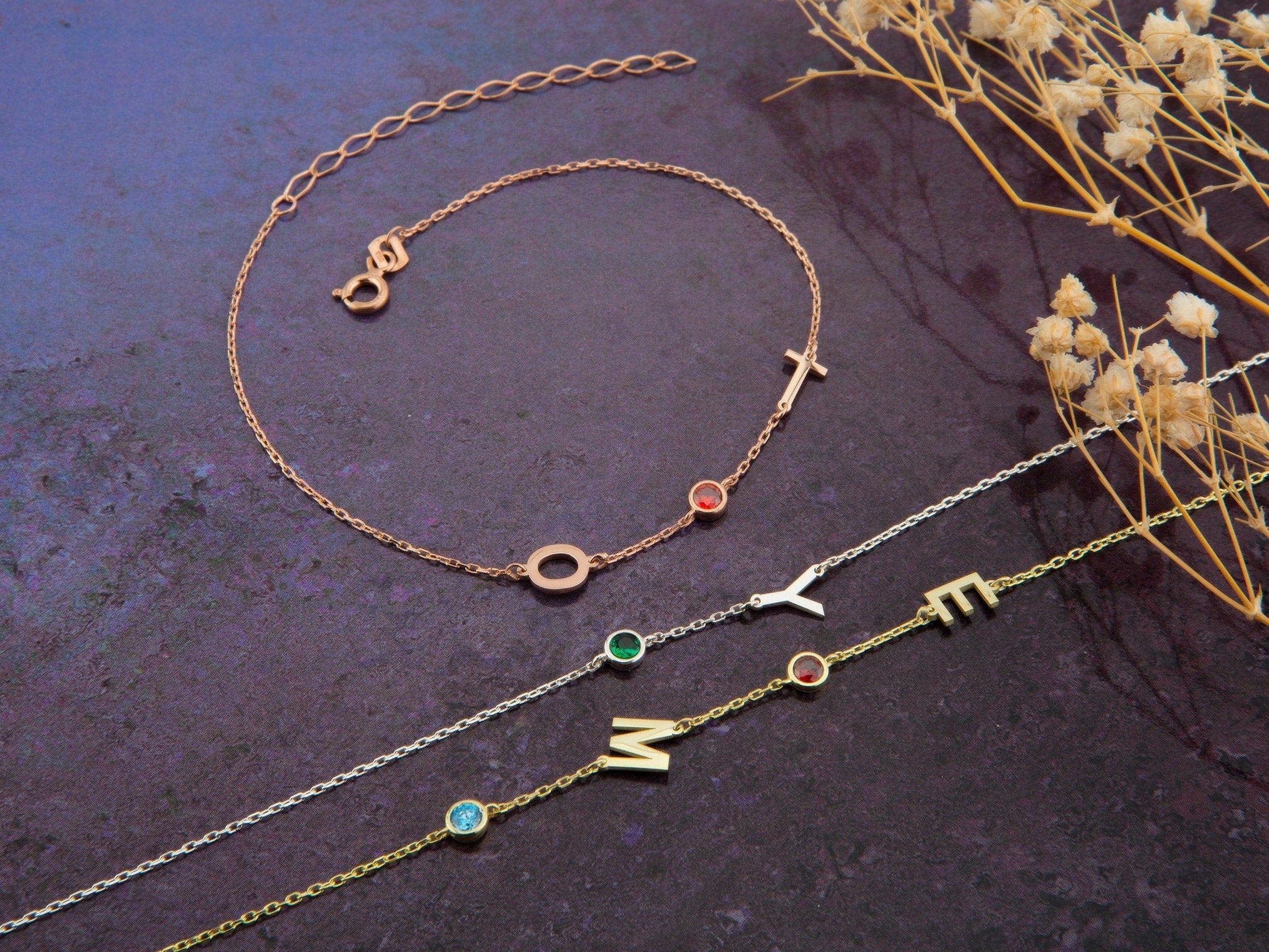 Silver Birthstone Letter Bracelet, 14K Gold Birthstone Initial Bracelet, Gift For Mother, Personalized Birthday Gift, Gift For Mothers Day