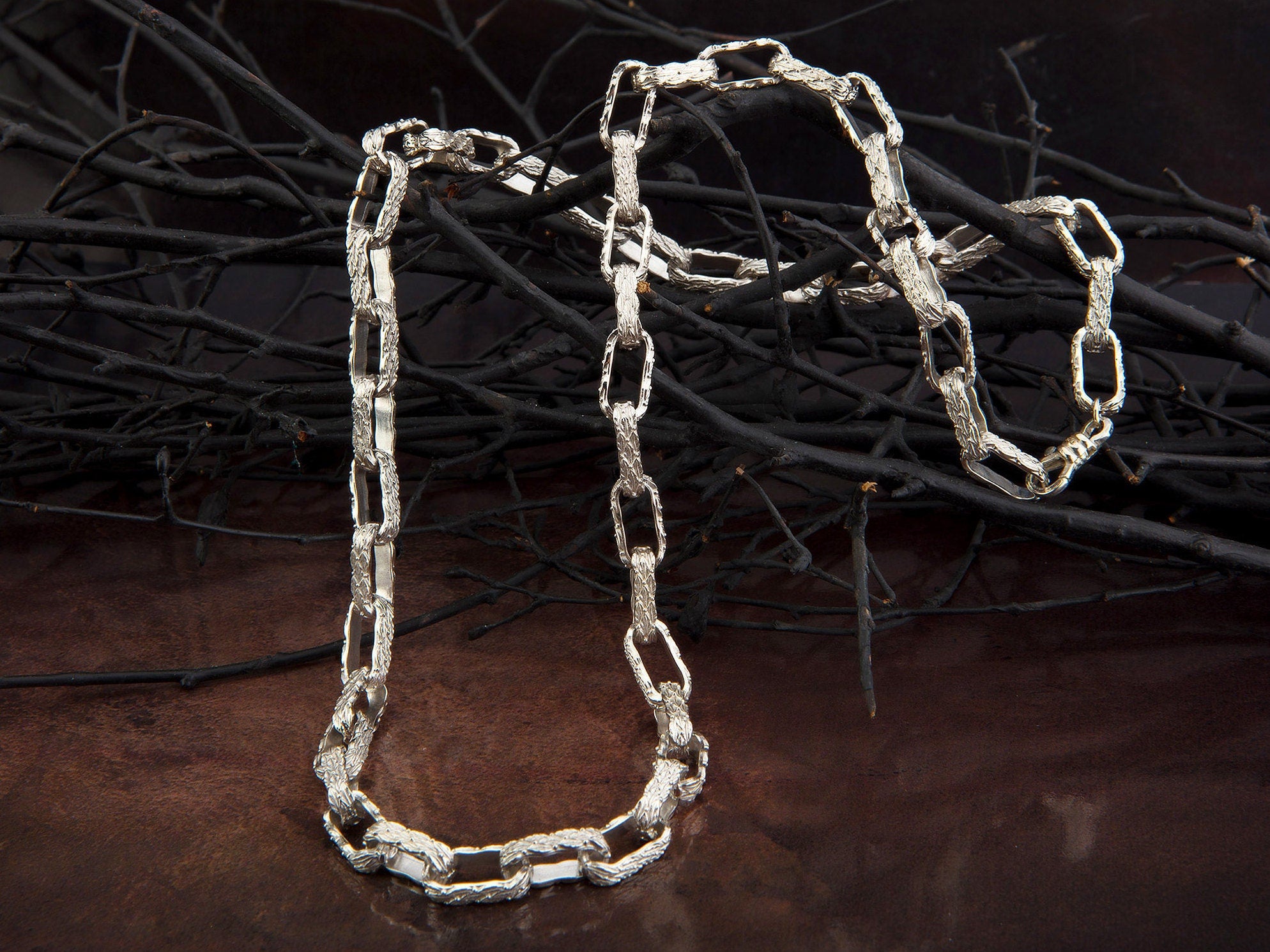 Sterling Silver Chunky Chain, Handmade Chain Necklace For Man, Jewelry Gift For Men, Patterned Chain Necklace, Unique Gift For Father's Day