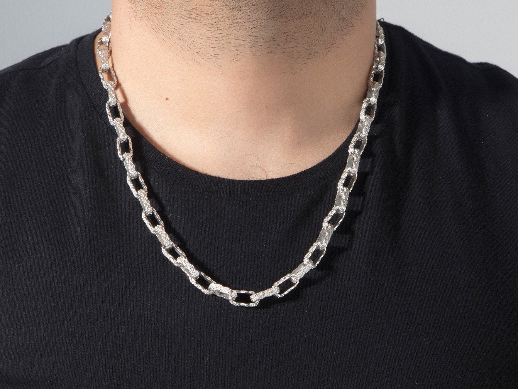 Sterling Silver Chunky Chain, Handmade Chain Necklace For Man, Jewelry Gift For Men, Patterned Chain Necklace, Unique Gift For Father's Day