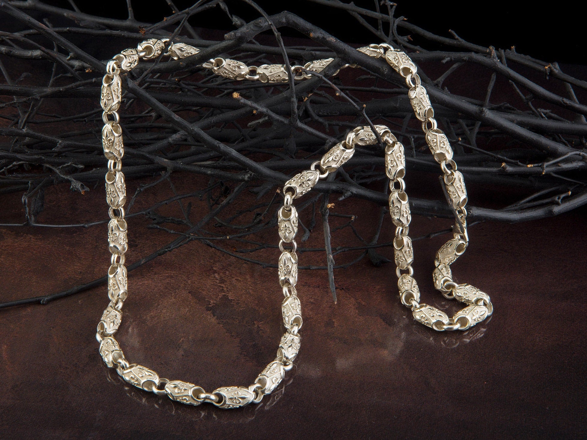 Solid Silver Byzantine Man Chain, Unique Chain Necklace, Gift For Mens, Fleur de lis Patterned Chain Necklace, Unique Gift For Father's Day