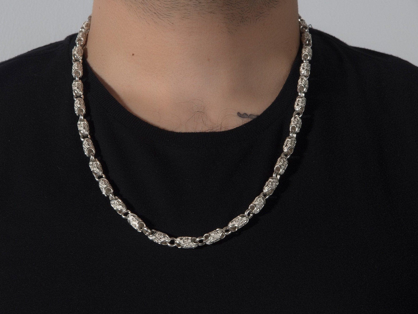 Solid Silver Byzantine Man Chain, Unique Chain Necklace, Gift For Mens, Fleur de lis Patterned Chain Necklace, Unique Gift For Father's Day