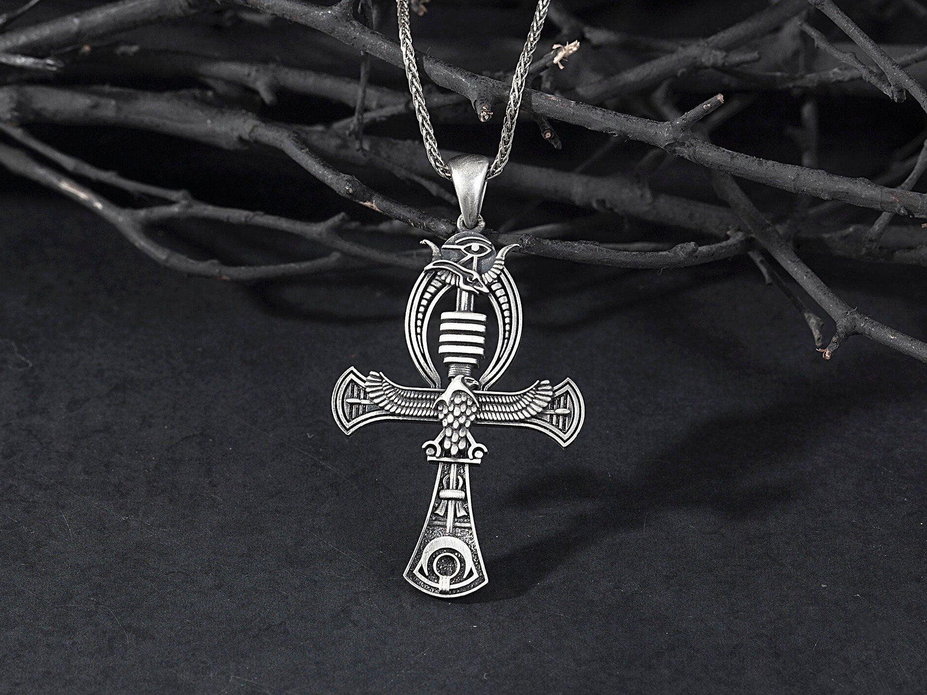 Silver Winged Goddess Necklace, Ancient Egypt Jewelry, Horus Ankh Pendant, Ancient Goddess Unisex Necklace, Unique Gift For Father's Day